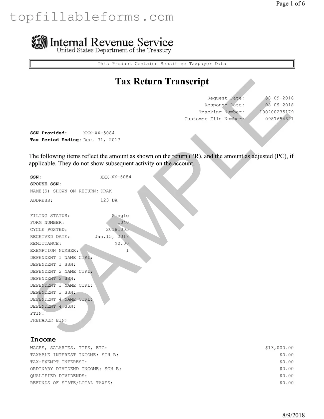 Printable Sample Tax Return Transcript Form in PDF