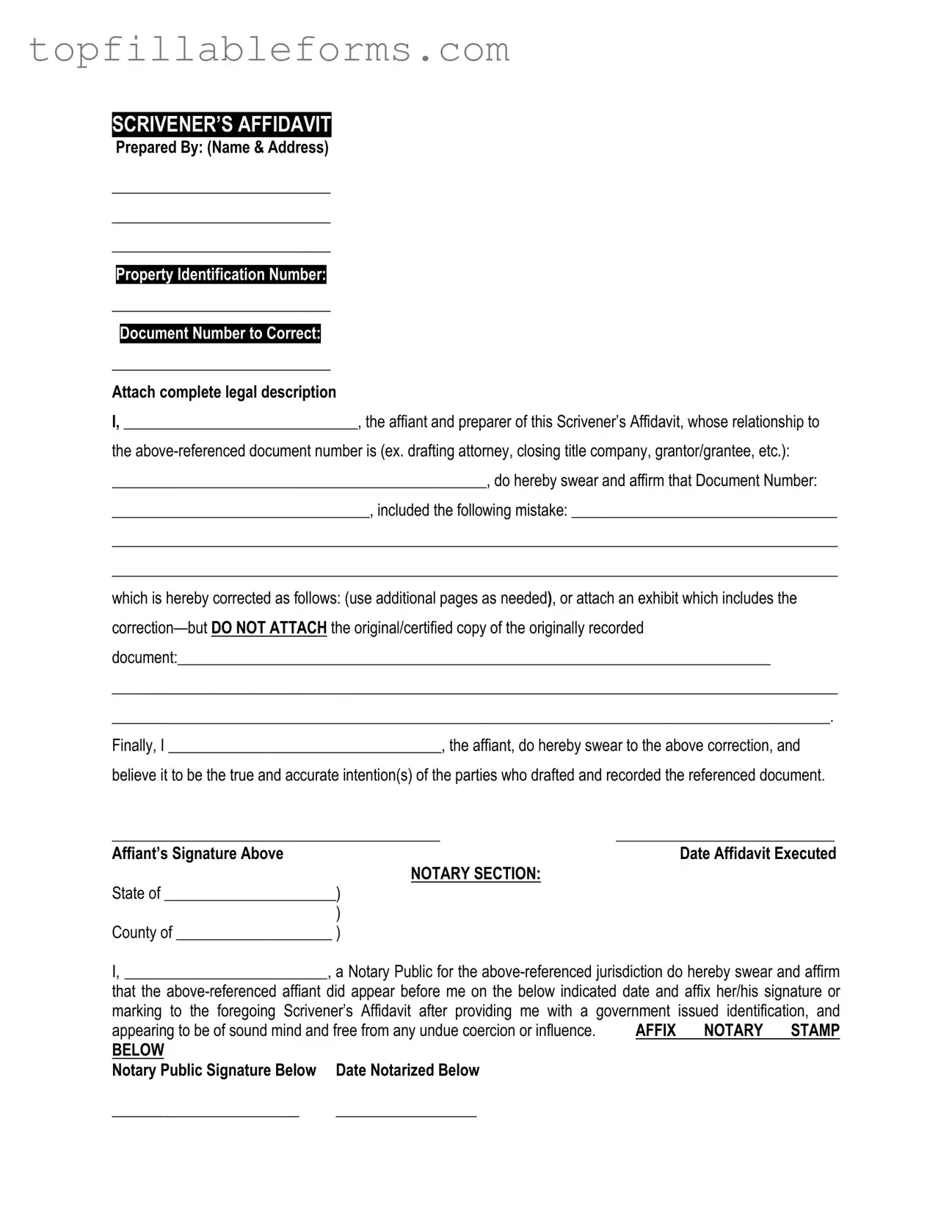 Printable Scrivener's Affidavit Form in PDF