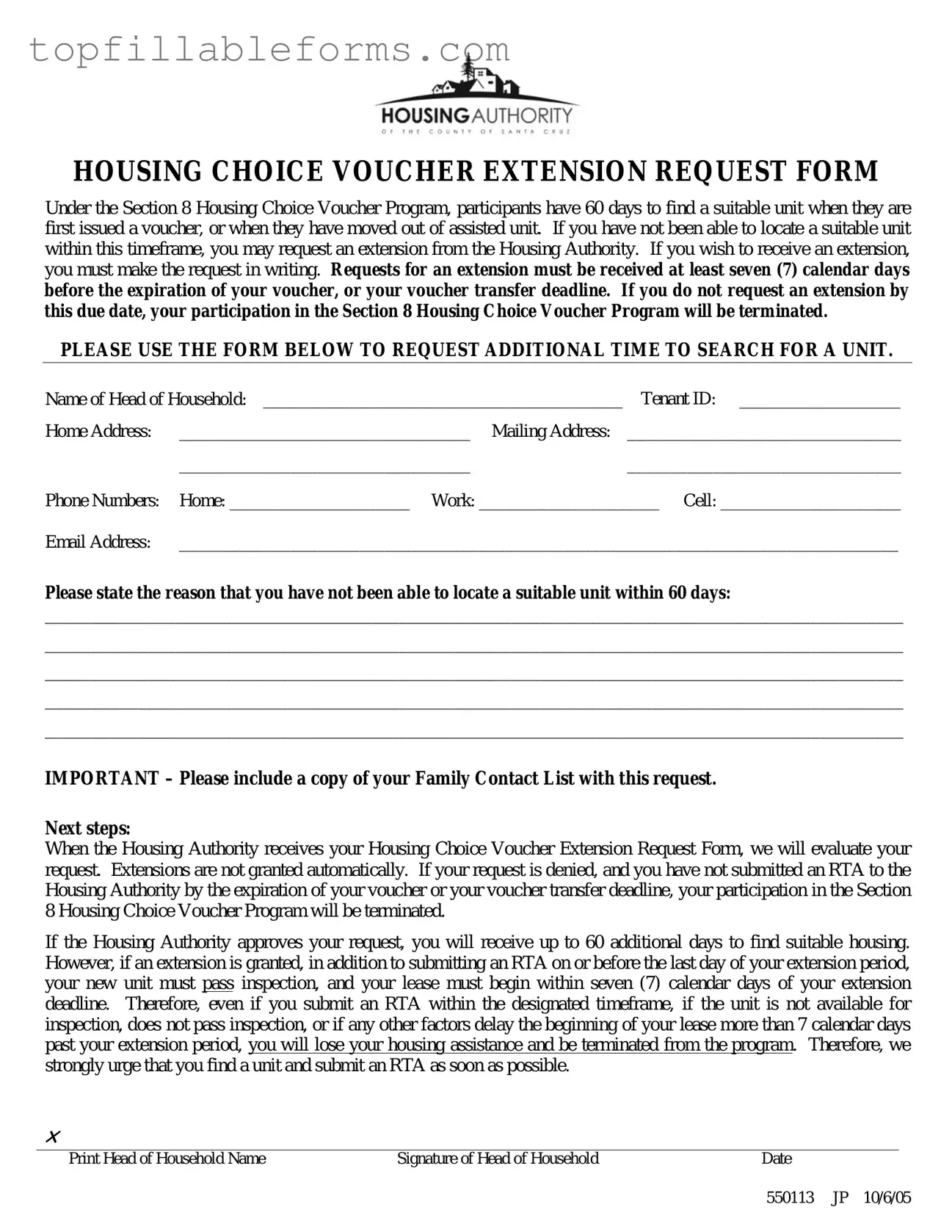 Printable Section 8 Voucher Extension Form in PDF