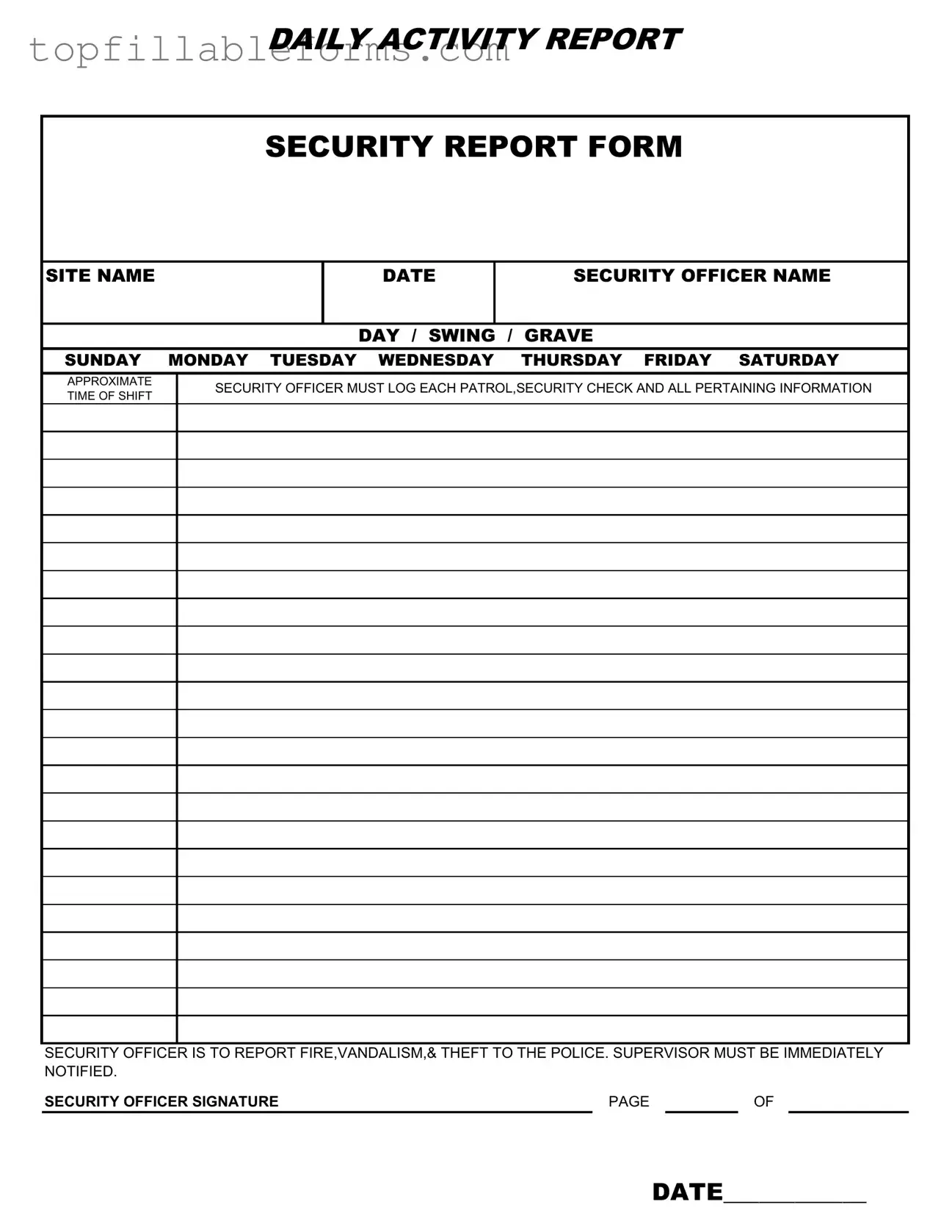Printable Security Guard Daily Report Sample Form in PDF