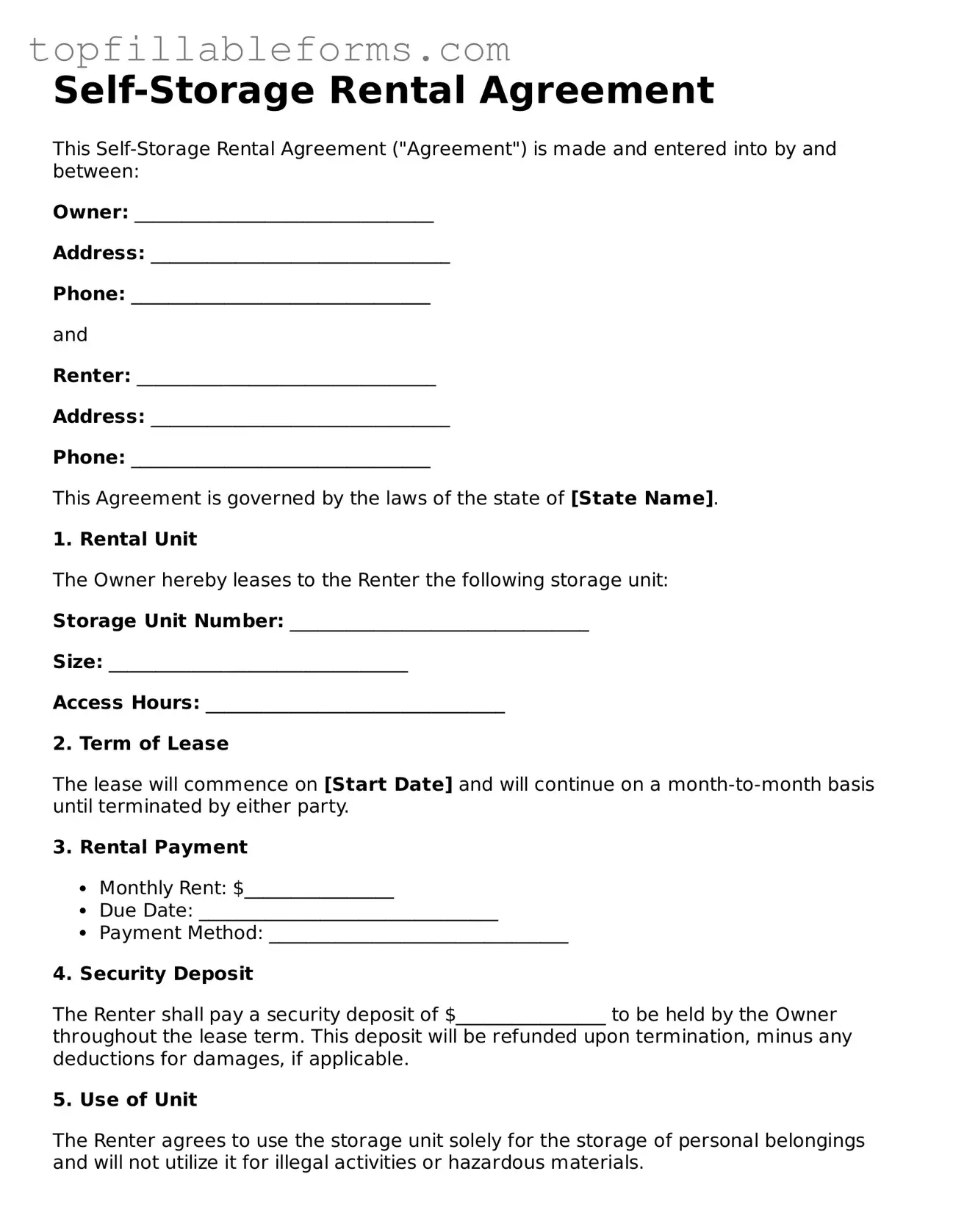 Free Self-Storage Rental Agreement Form