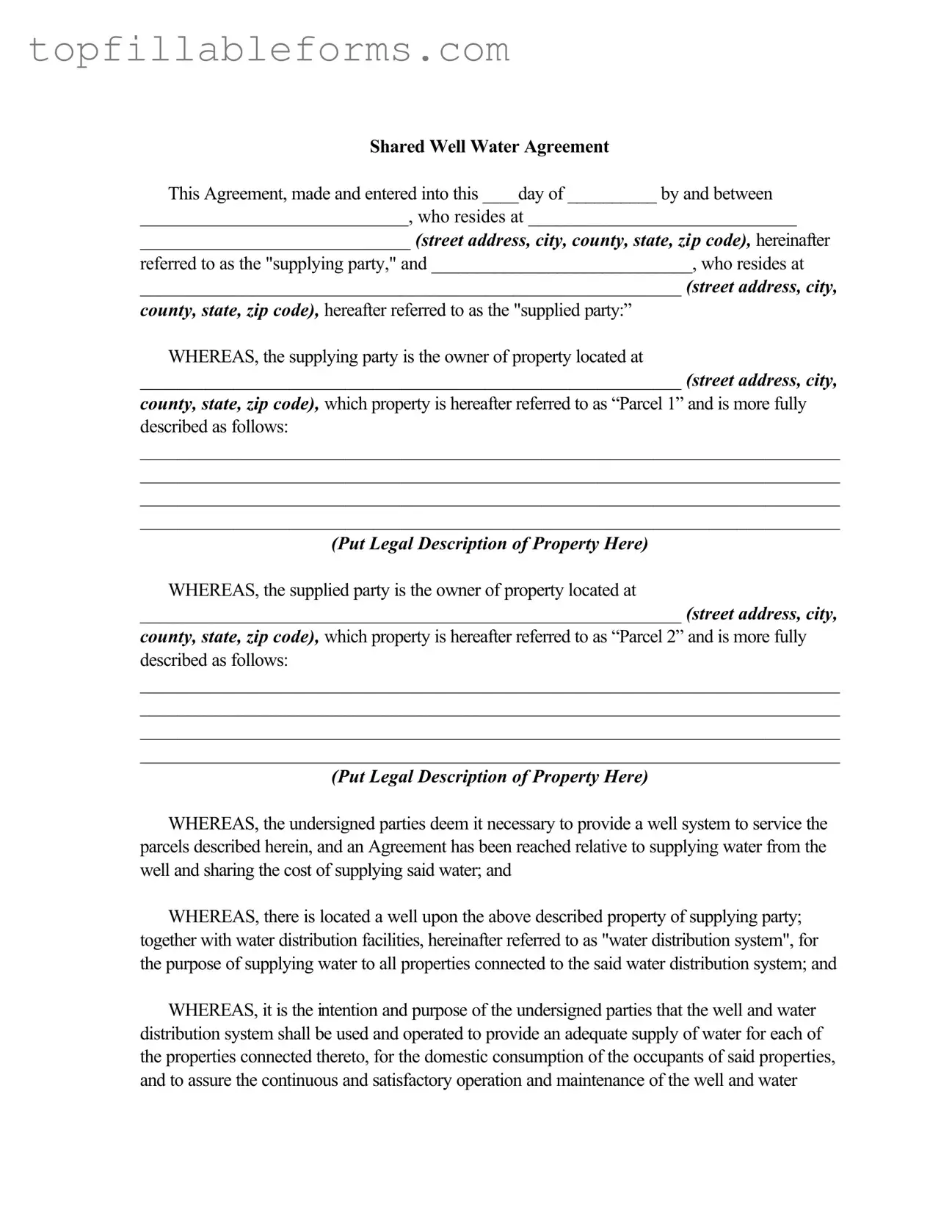 Printable Shared Well Agreement Form in PDF