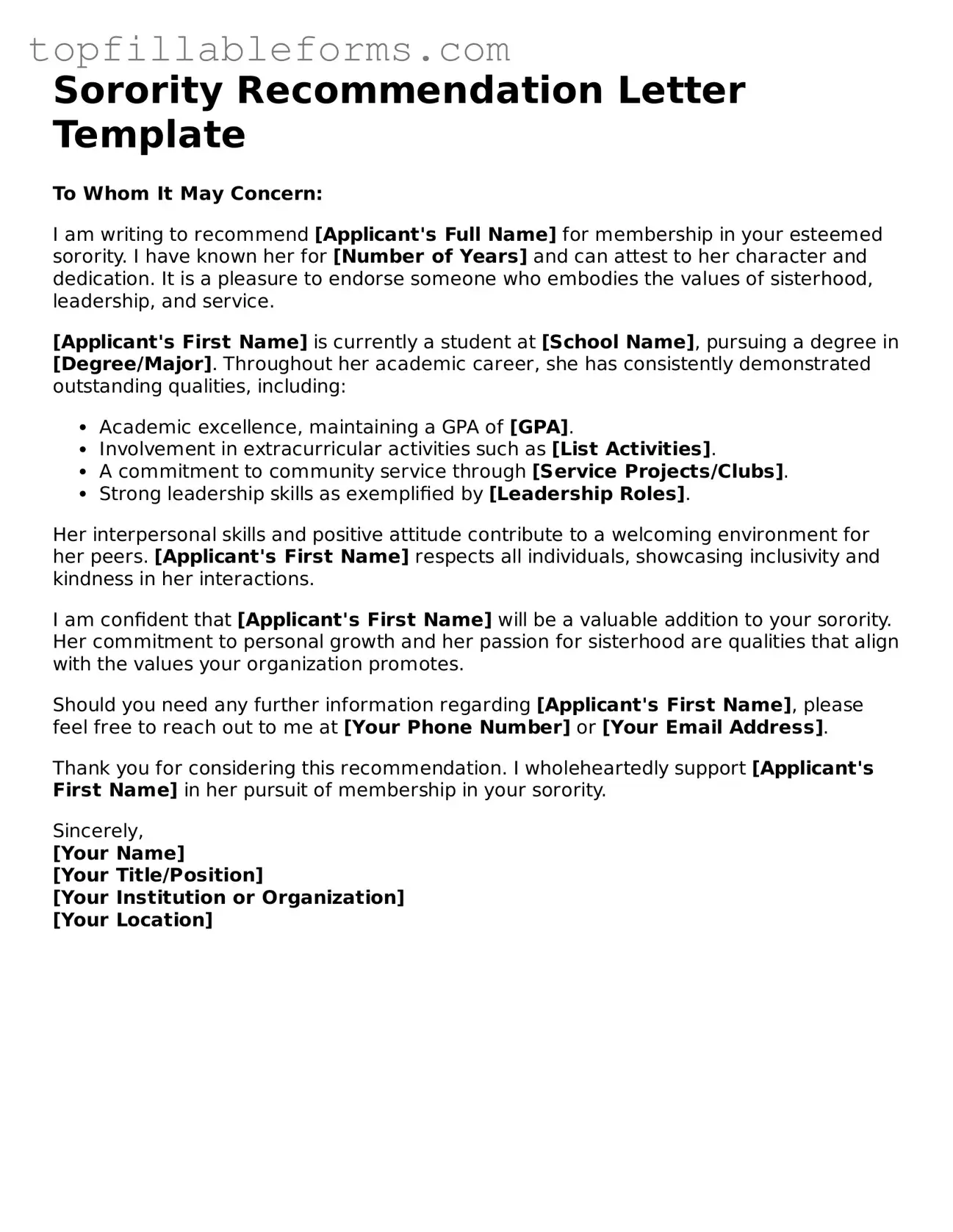 Free Sorority Recommendation Letter Form