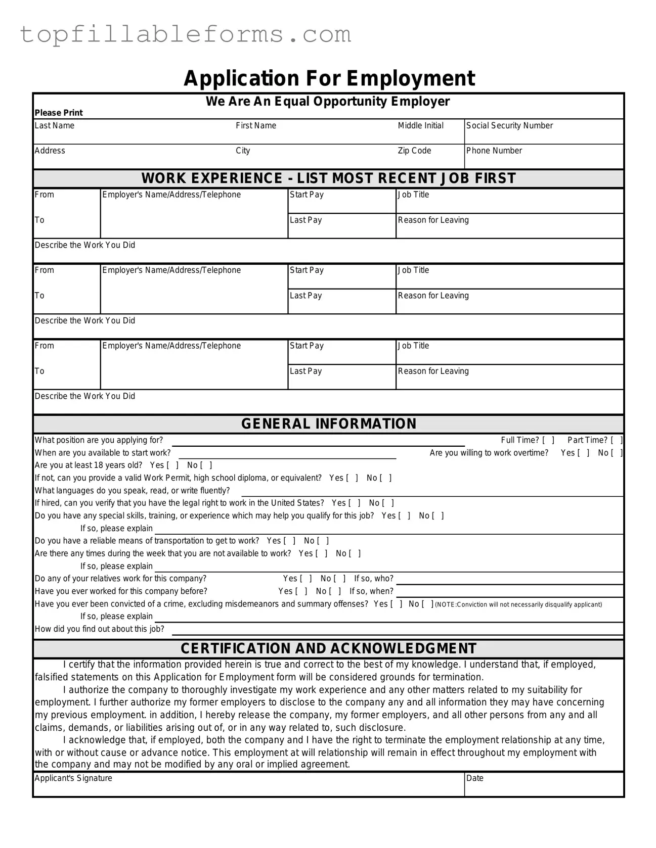 Printable Spanish Application Employment Form in PDF