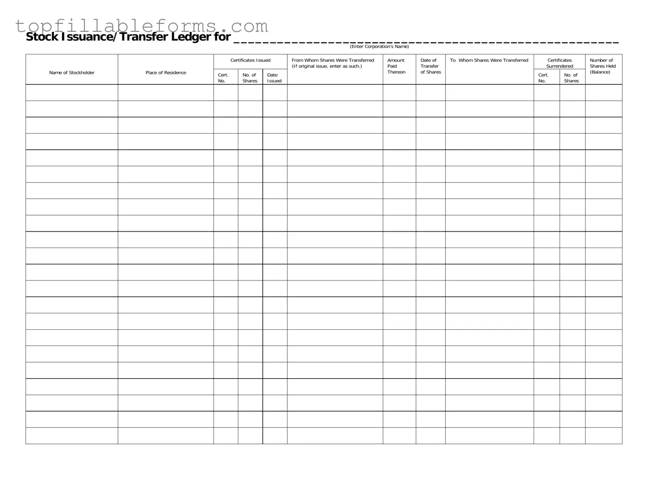 Printable Stock Transfer Ledger Form in PDF