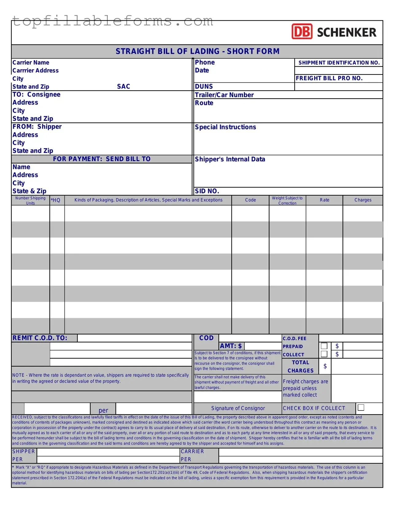 Printable Straight Bill Of Lading Form in PDF