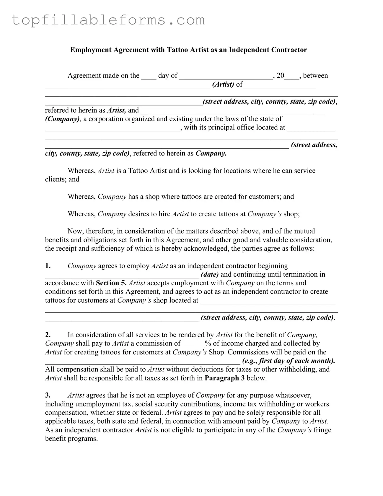Printable Tattoo Shop Artist Agreement Form in PDF