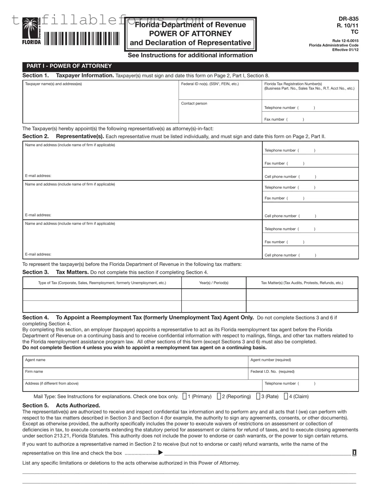 Printable Tax POA dr 835 Form in PDF