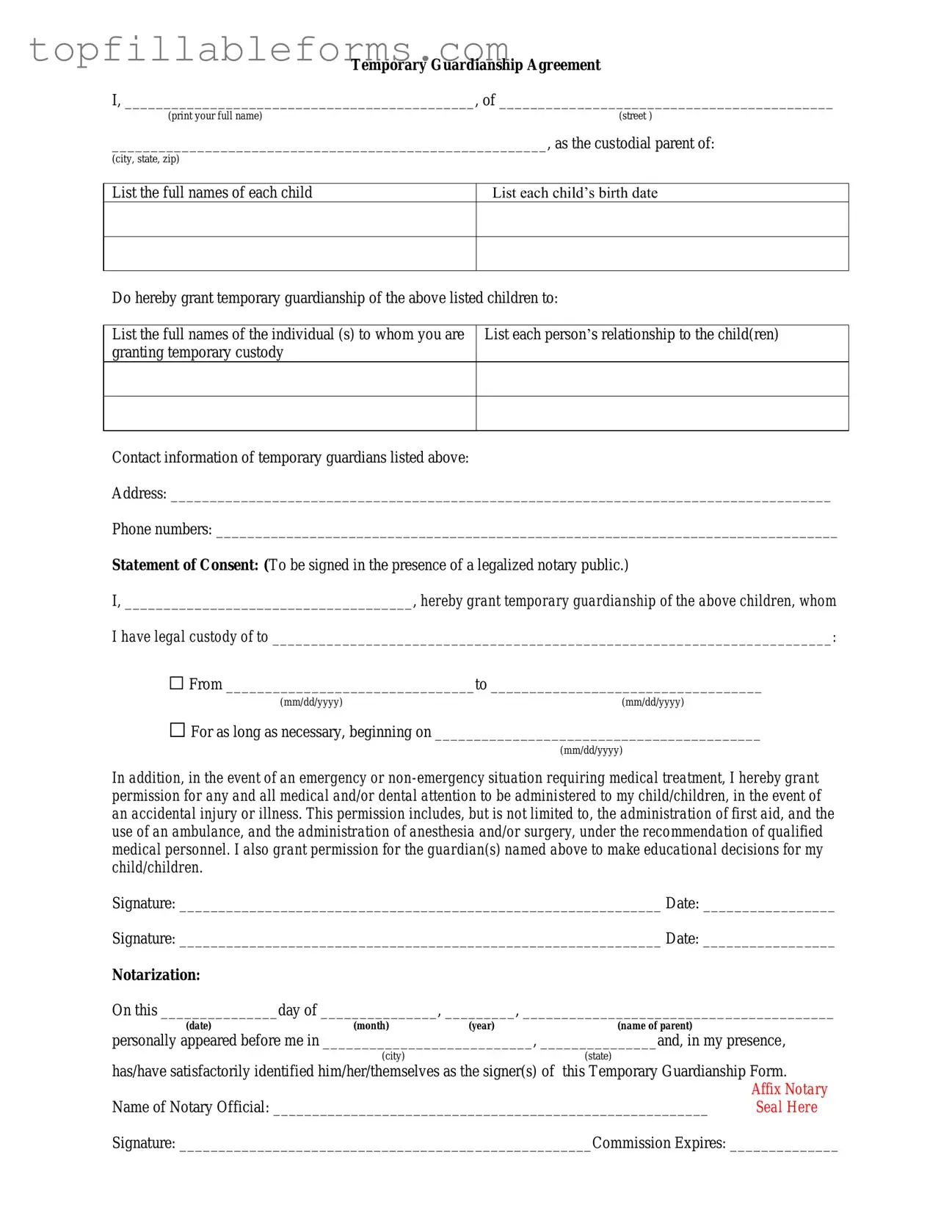 Printable Temporary Custody Form in PDF