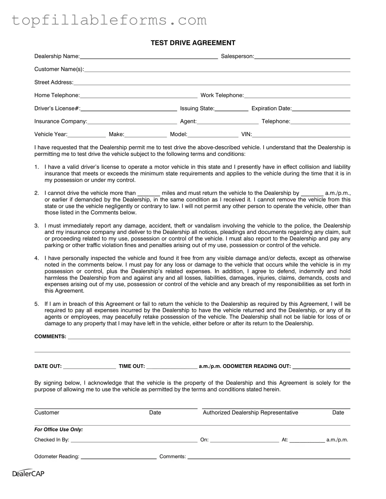Printable Test Drive Form in PDF