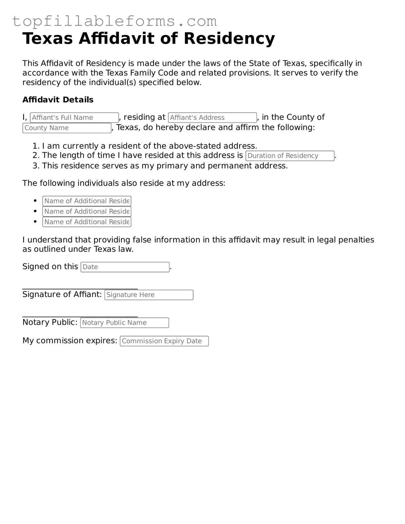 Attorney-Verified Affidavit of Residency Template for Texas