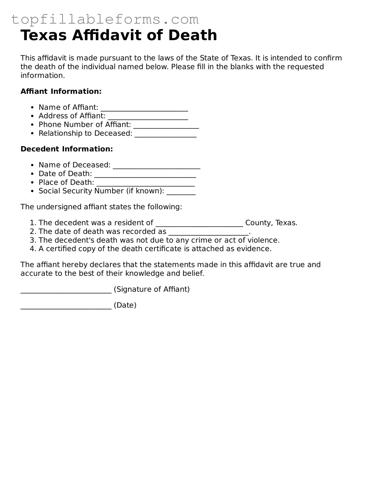 Attorney-Verified Affidavit of Death Template for Texas