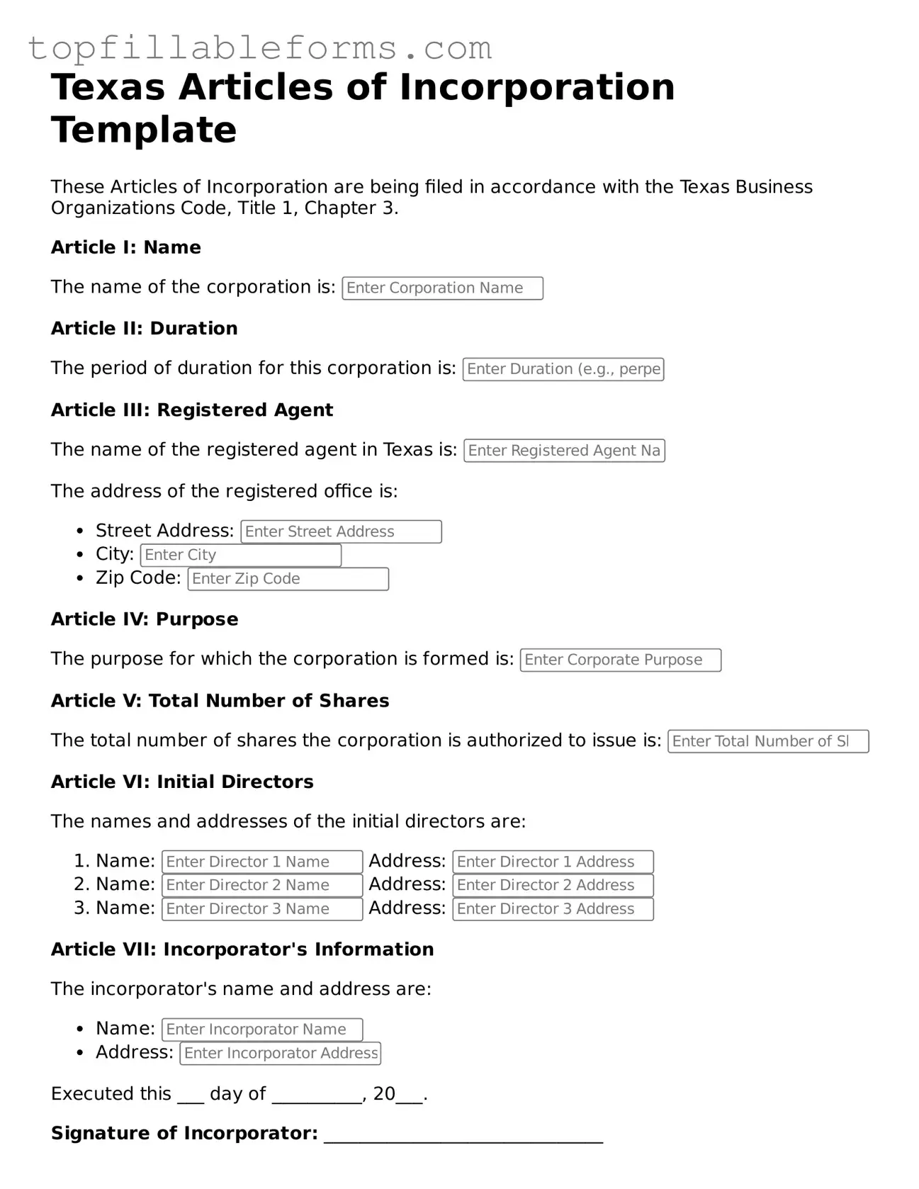 Attorney-Verified Articles of Incorporation Template for Texas