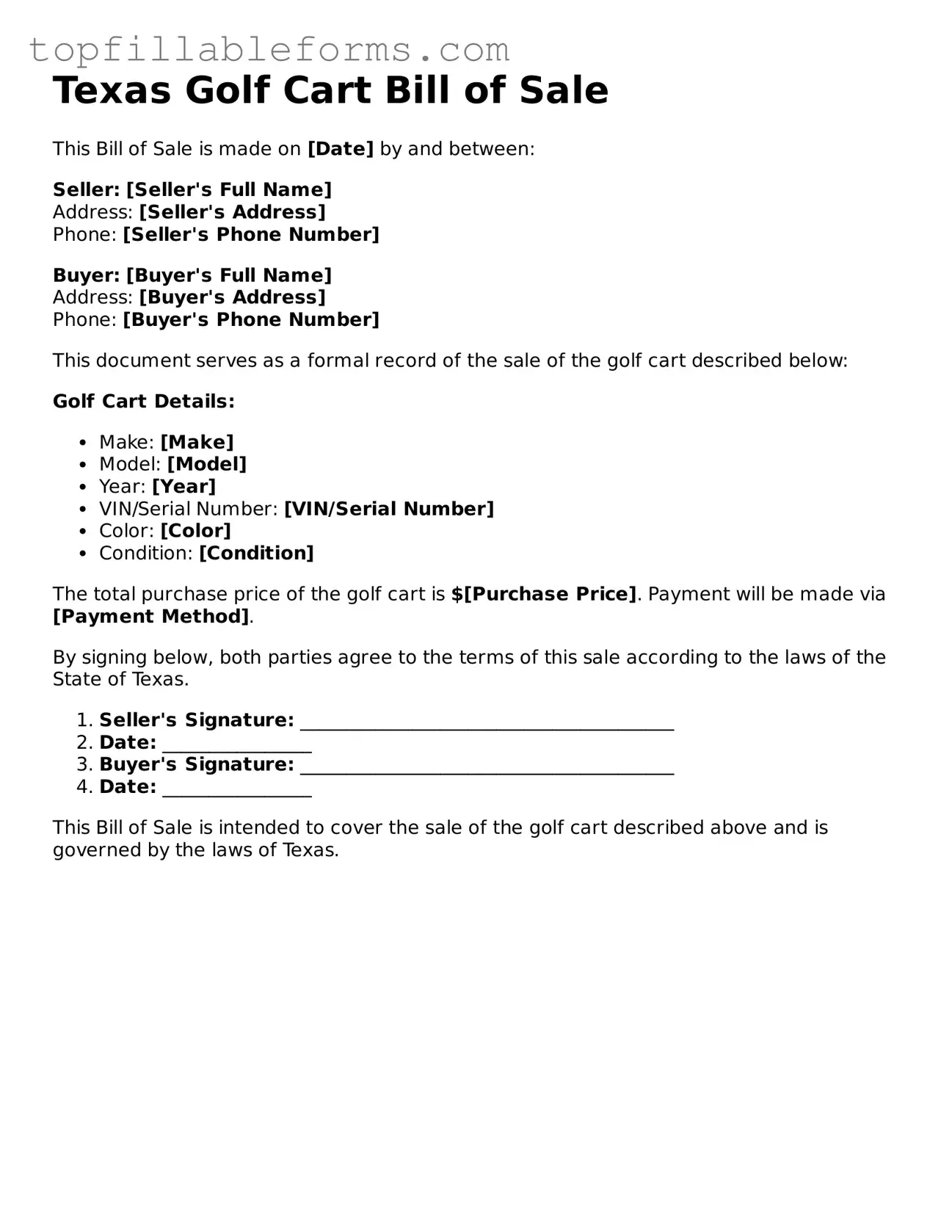 Attorney-Verified Golf Cart Bill of Sale Template for Texas
