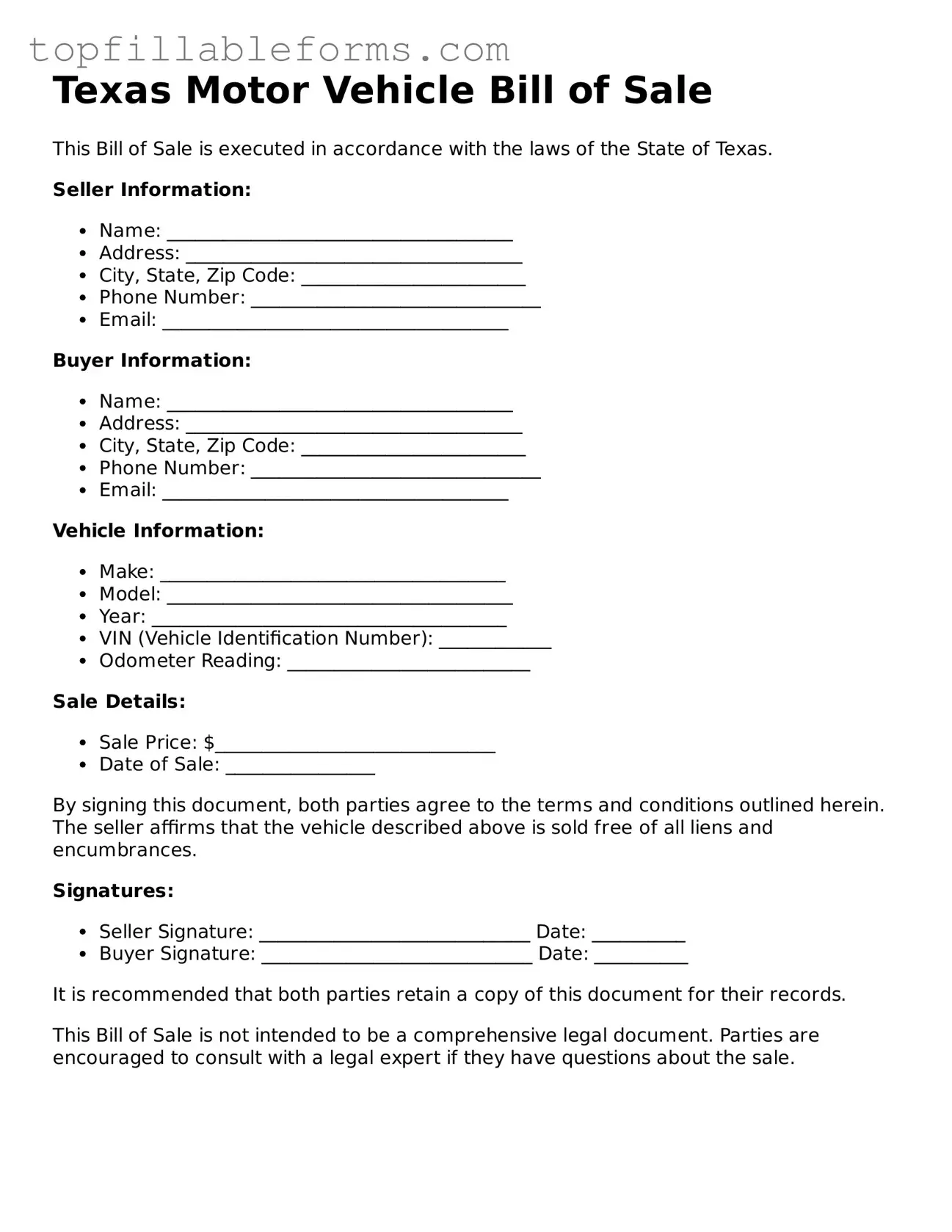 Attorney-Verified  Motor Vehicle Bill of Sale Template for Texas