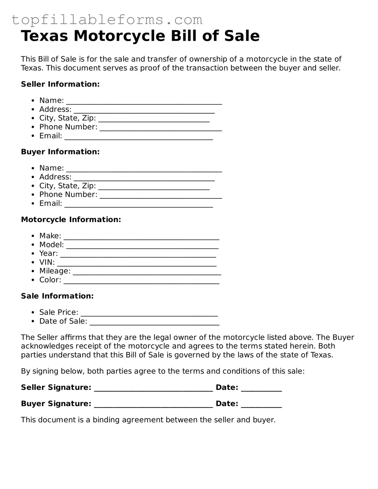 Attorney-Verified  Motorcycle Bill of Sale Template for Texas