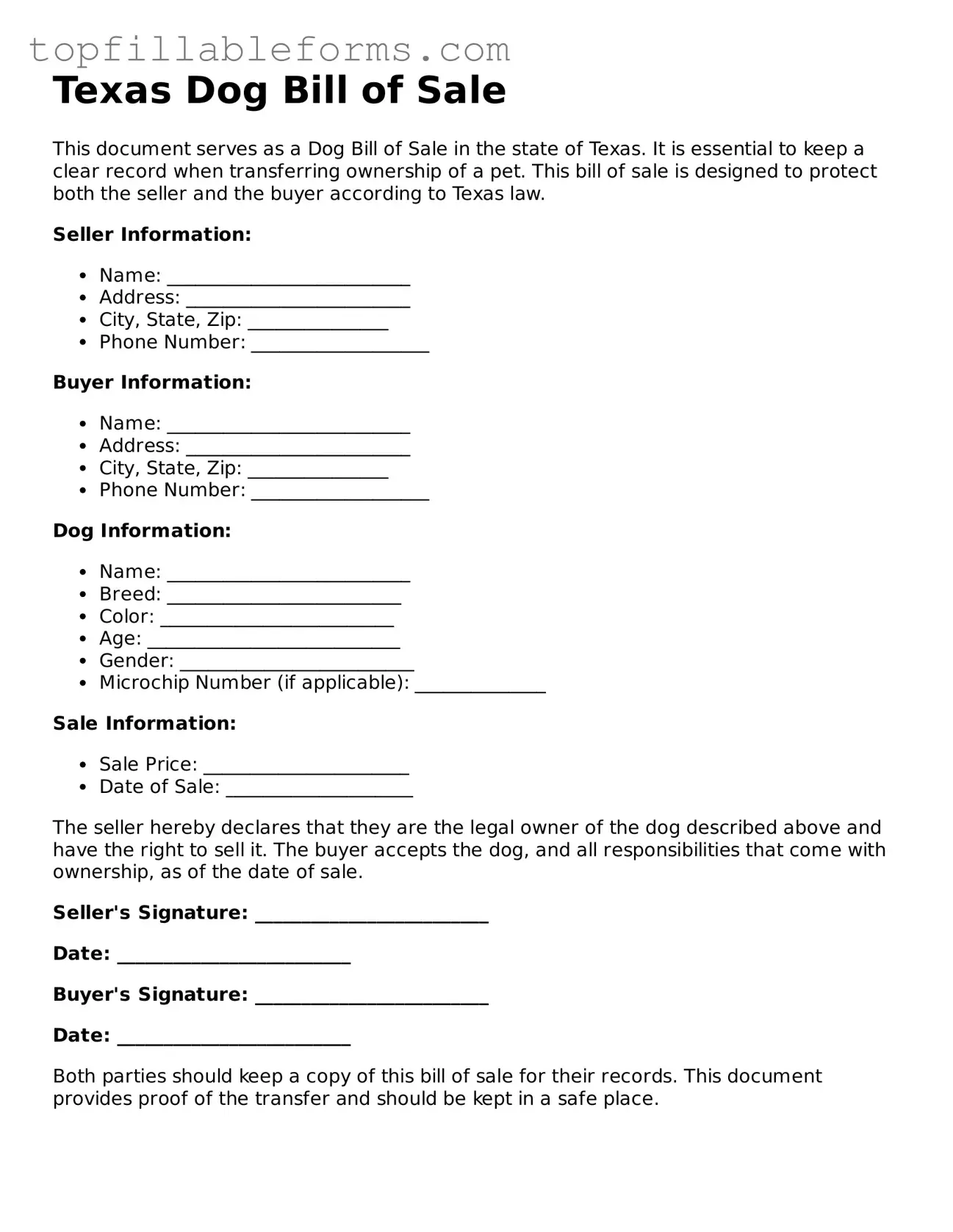 Attorney-Verified  Dog Bill of Sale Template for Texas