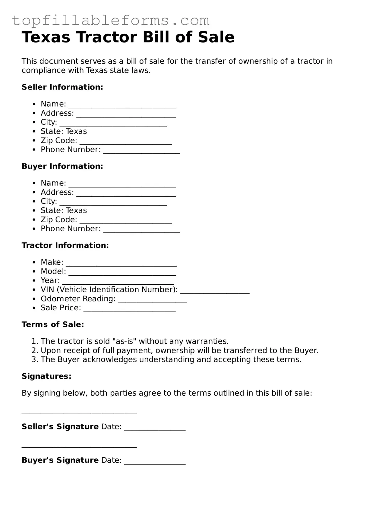 Attorney-Verified  Tractor Bill of Sale Template for Texas