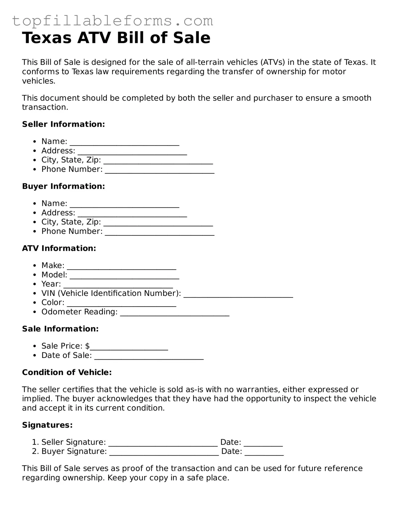 Attorney-Verified  ATV Bill of Sale Template for Texas