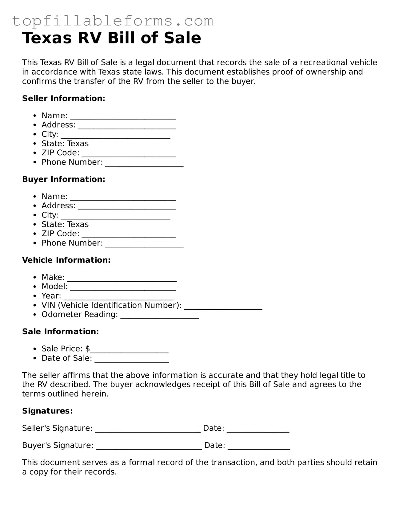 Attorney-Verified  RV Bill of Sale Template for Texas