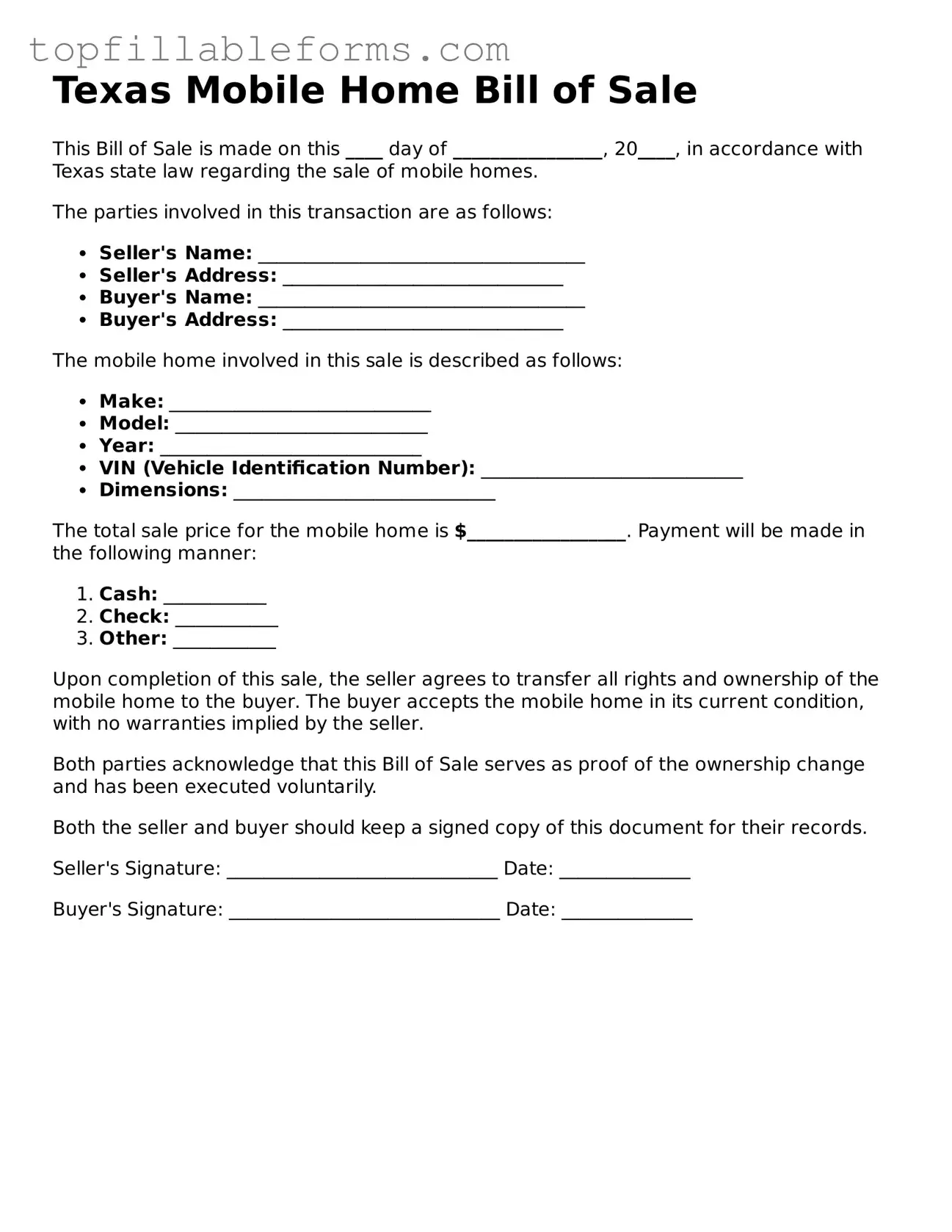 Attorney-Verified  Mobile Home Bill of Sale Template for Texas
