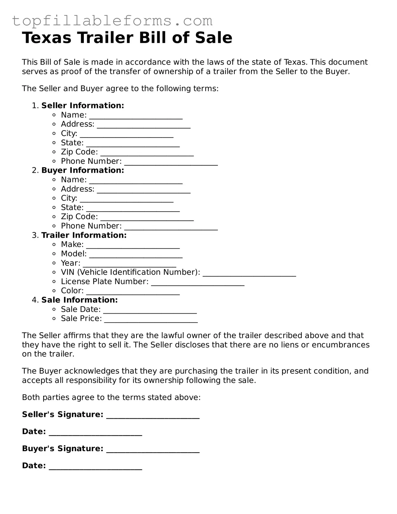 Attorney-Verified  Trailer Bill of Sale Template for Texas