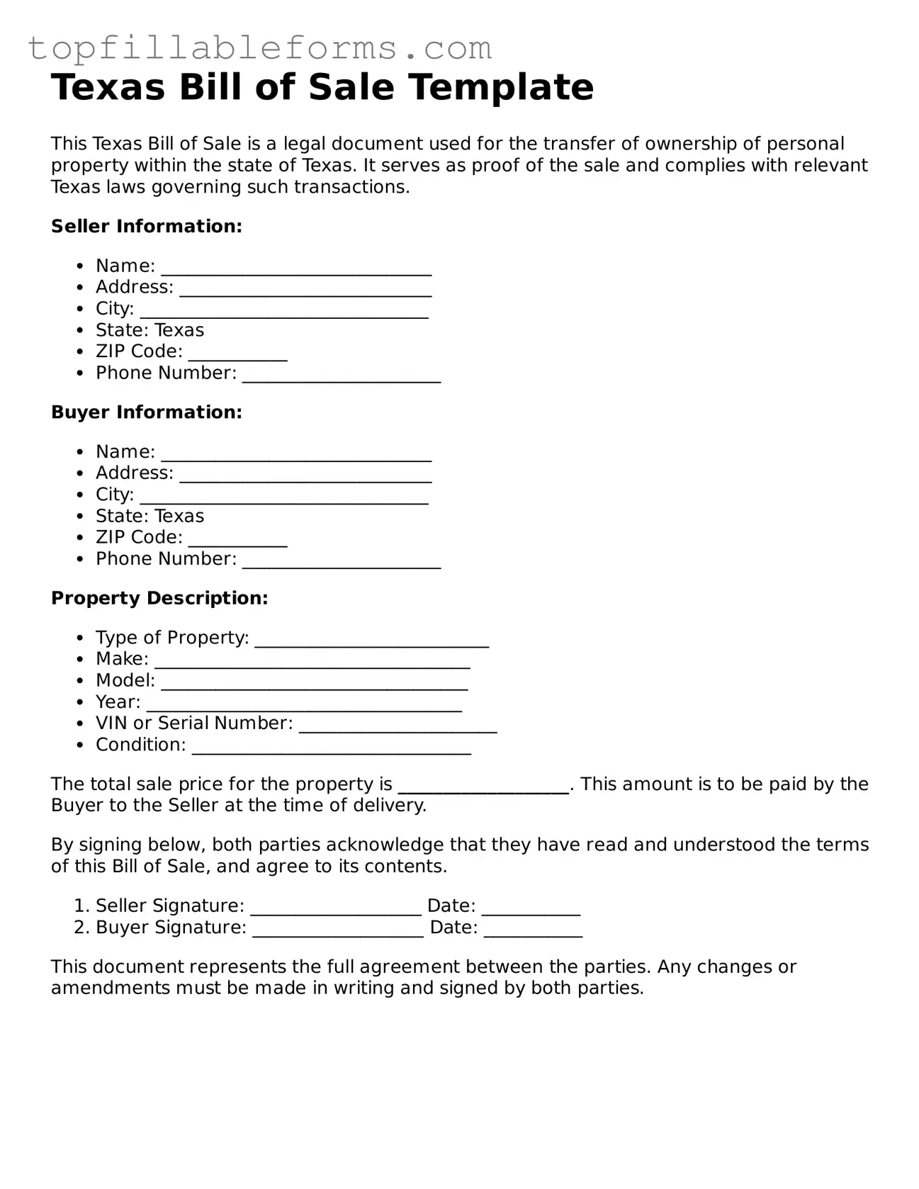 Attorney-Verified  Bill of Sale Template for Texas