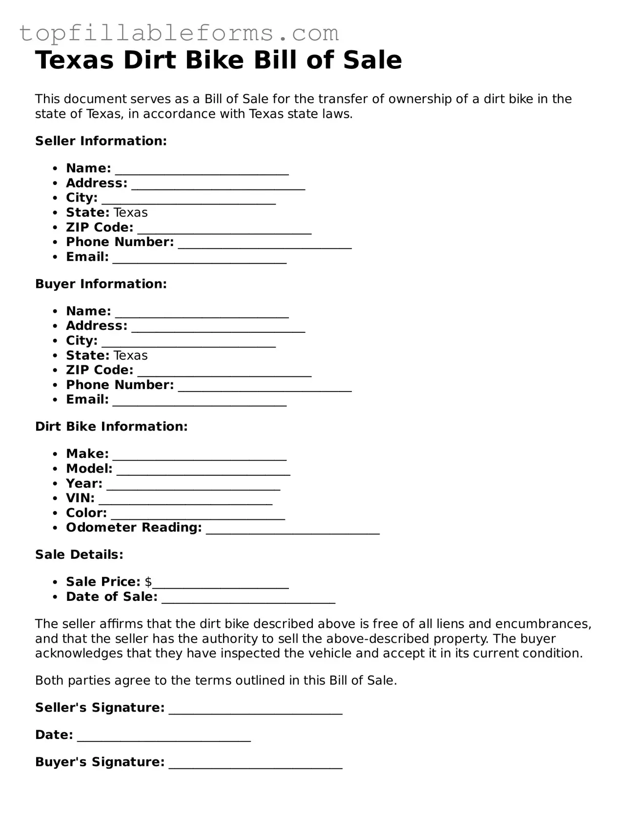 Attorney-Verified  Dirt Bike Bill of Sale Template for Texas