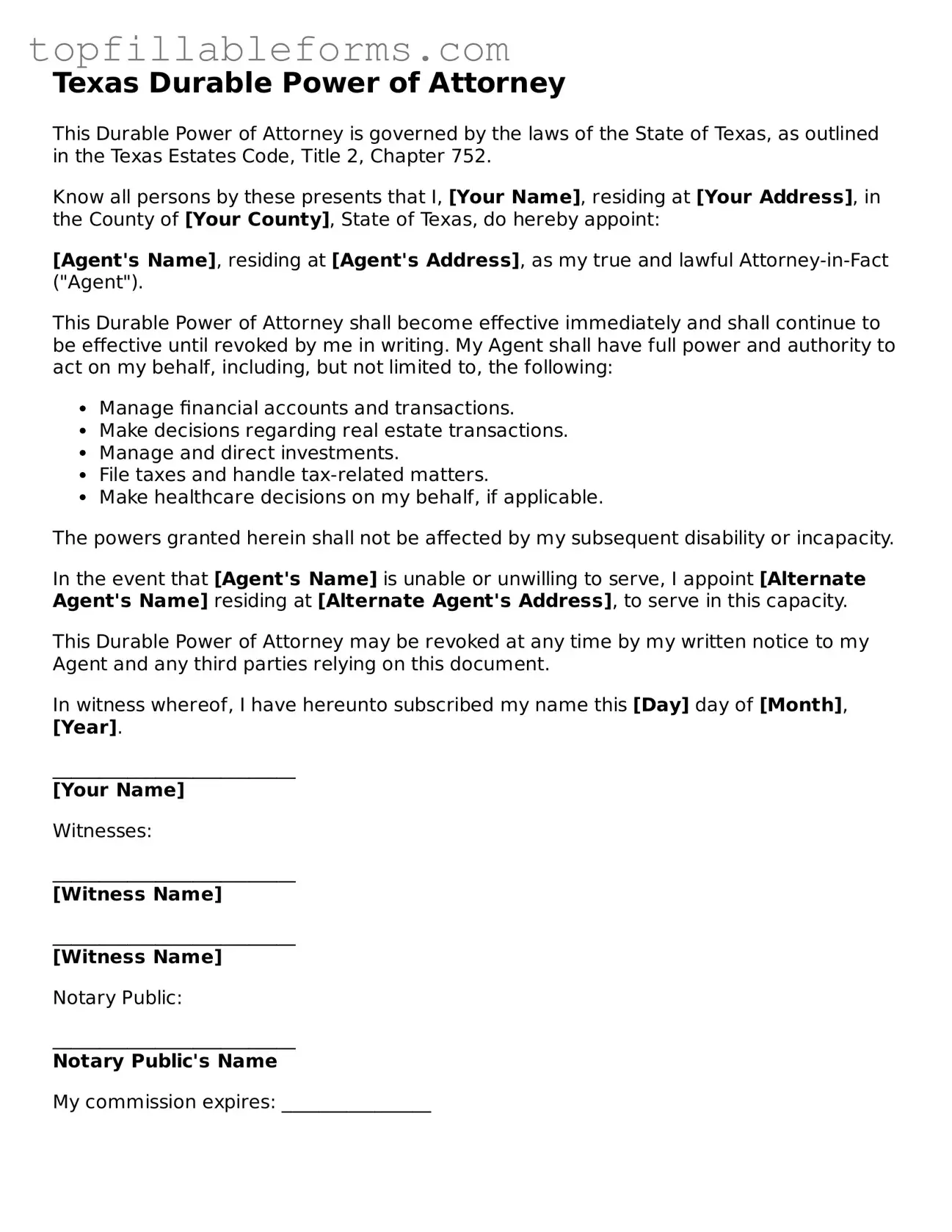 Attorney-Verified  Durable Power of Attorney Template for Texas