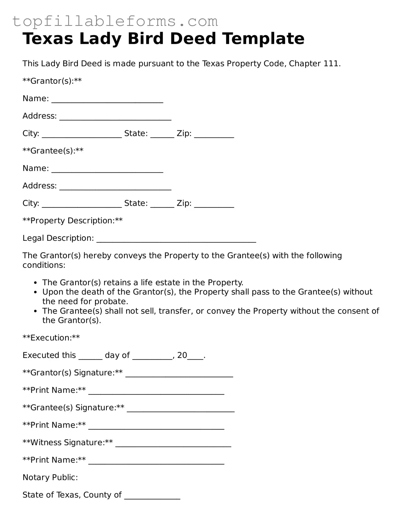 Attorney-Verified  Lady Bird Deed Template for Texas