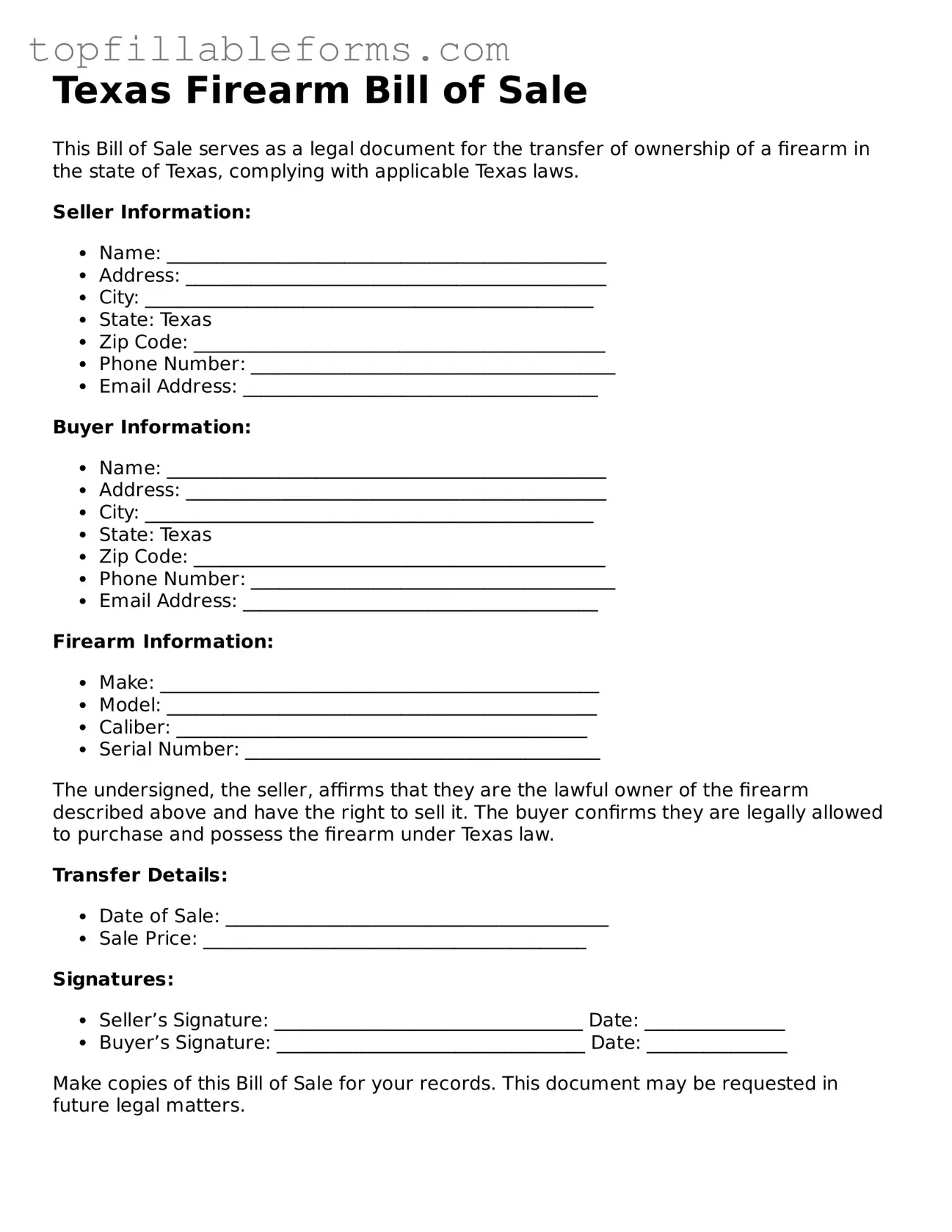 Attorney-Verified  Firearm Bill of Sale Template for Texas