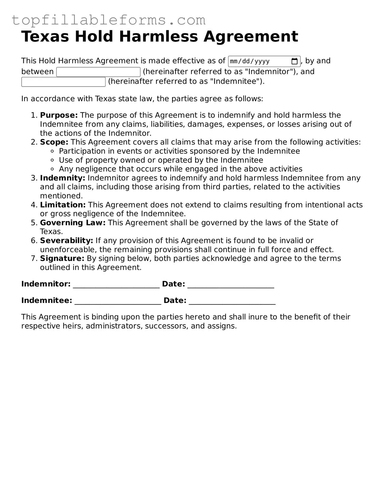 Attorney-Verified  Hold Harmless Agreement Template for Texas