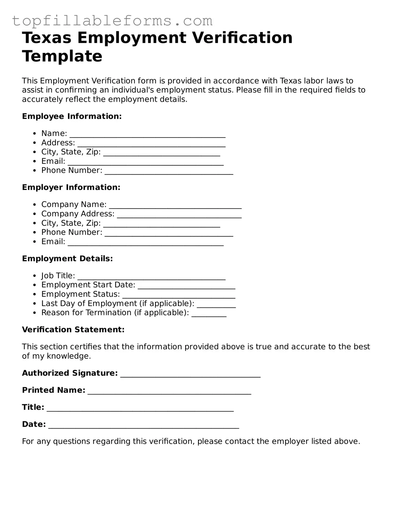 Attorney-Verified  Employment Verification Template for Texas
