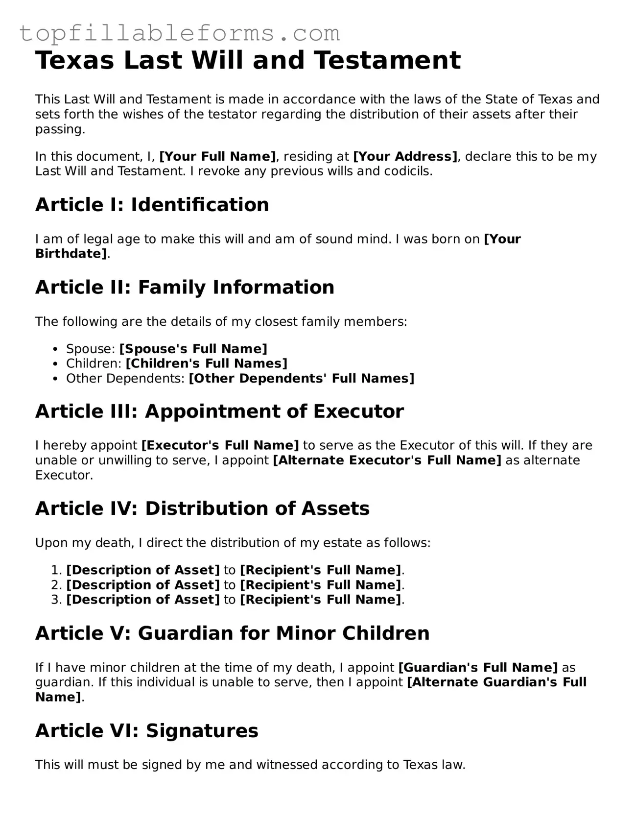Attorney-Verified  Last Will and Testament Template for Texas