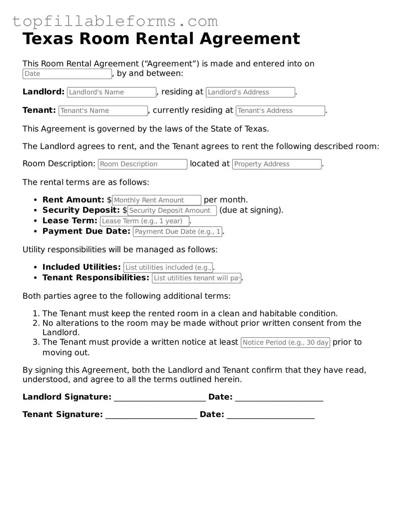 Attorney-Verified  Room Rental Agreement Template for Texas