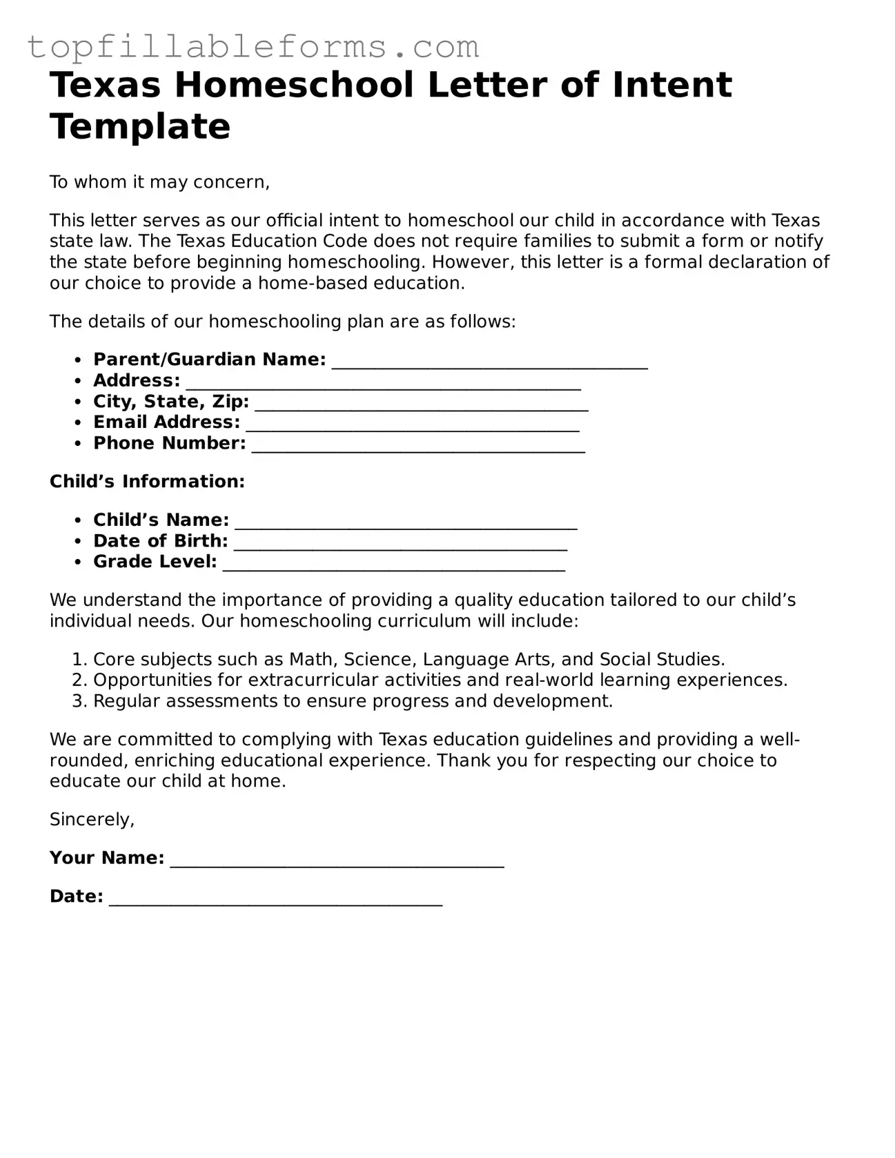 Attorney-Verified  Homeschool Letter of Intent Template for Texas