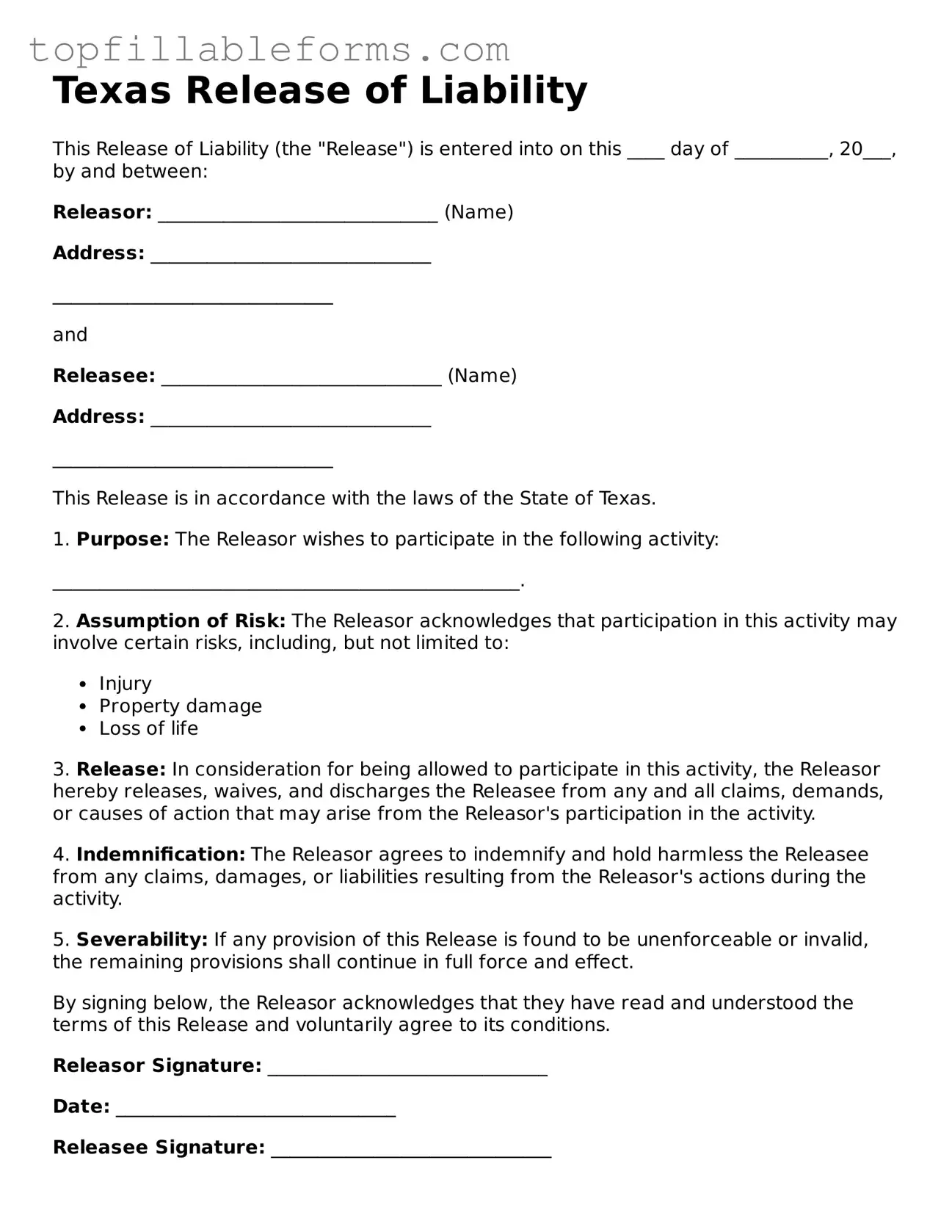 Attorney-Verified  Release of Liability Template for Texas