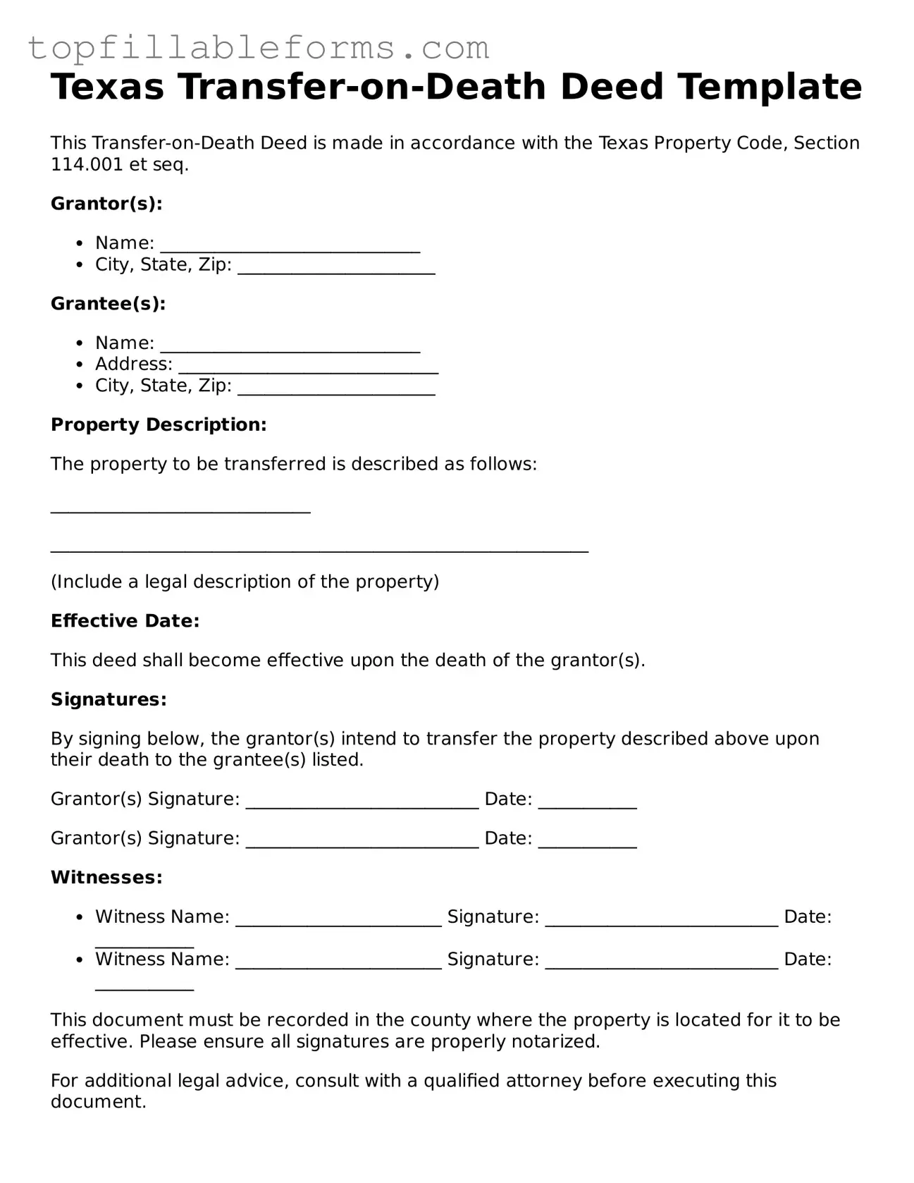 Attorney-Verified  Transfer-on-Death Deed Template for Texas