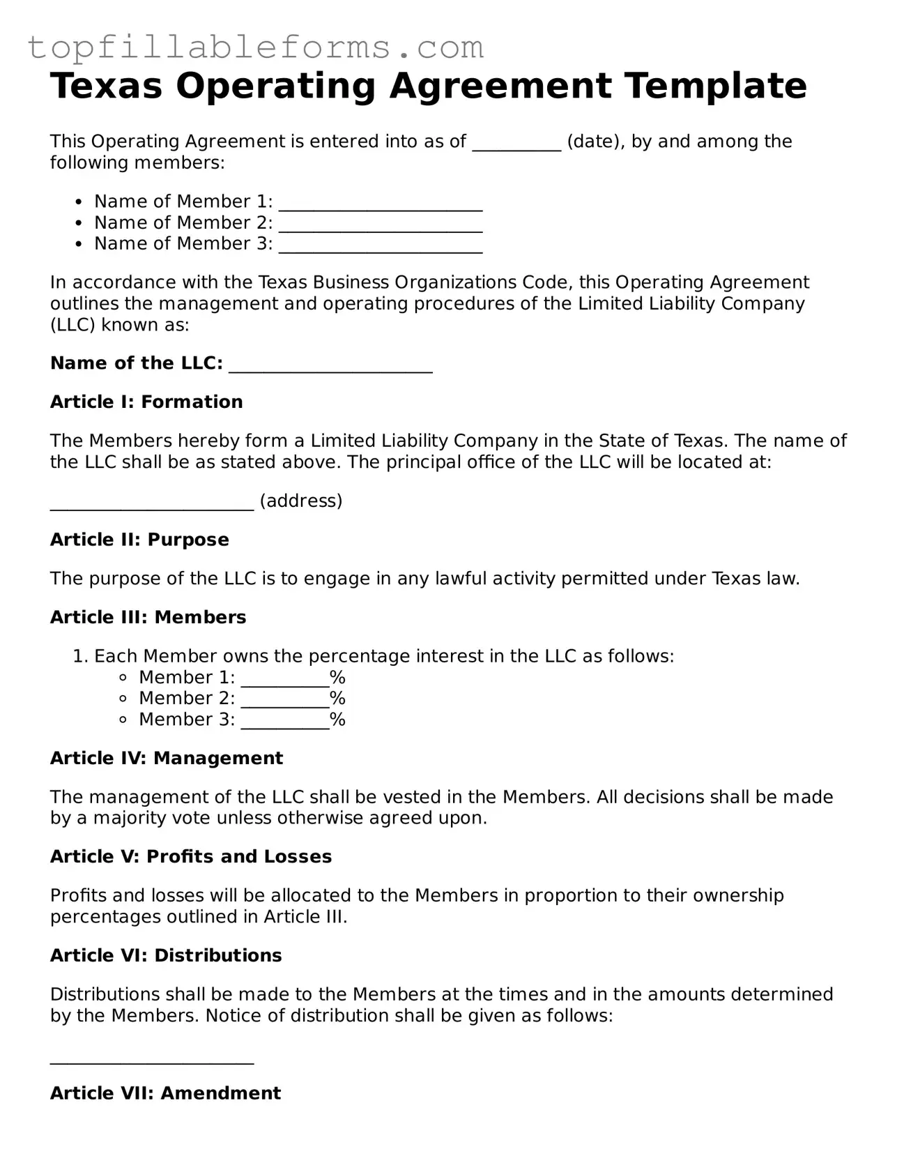 Attorney-Verified  Operating Agreement Template for Texas