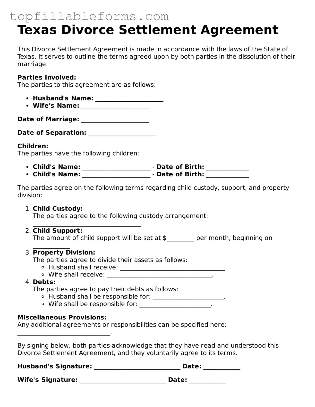 Attorney-Verified  Divorce Settlement Agreement Template for Texas