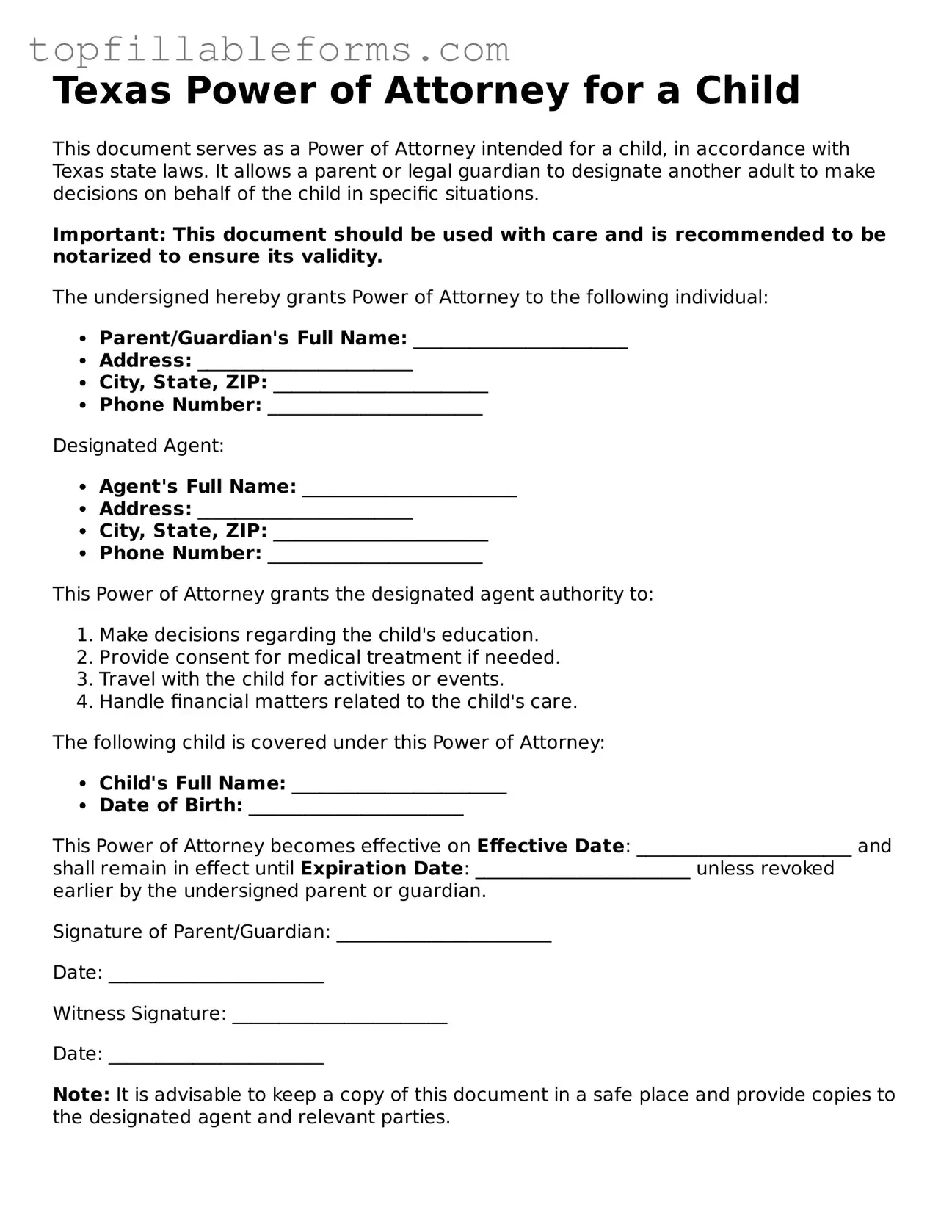 Attorney-Verified  Power of Attorney for a Child Template for Texas