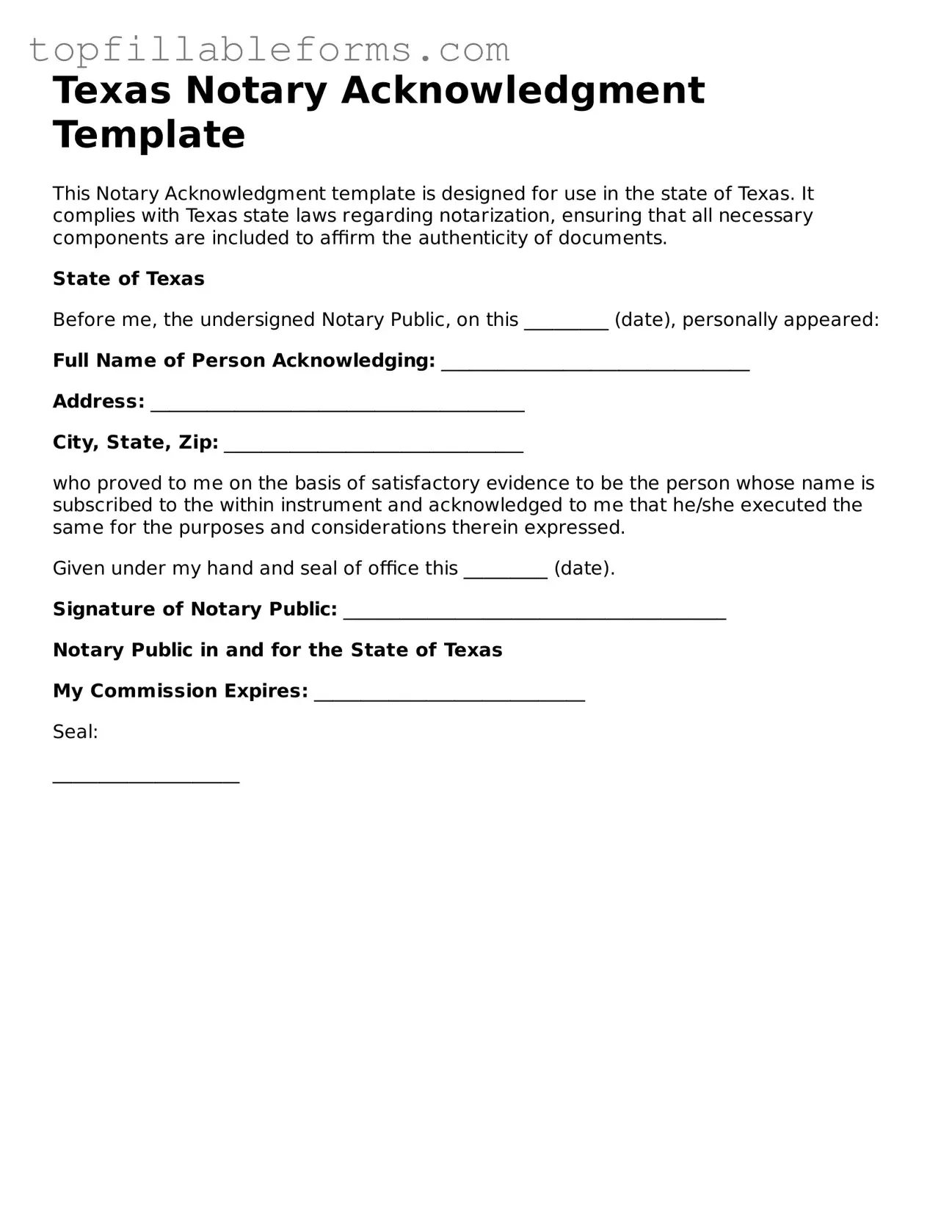 Attorney-Verified  Notary Acknowledgement Template for Texas