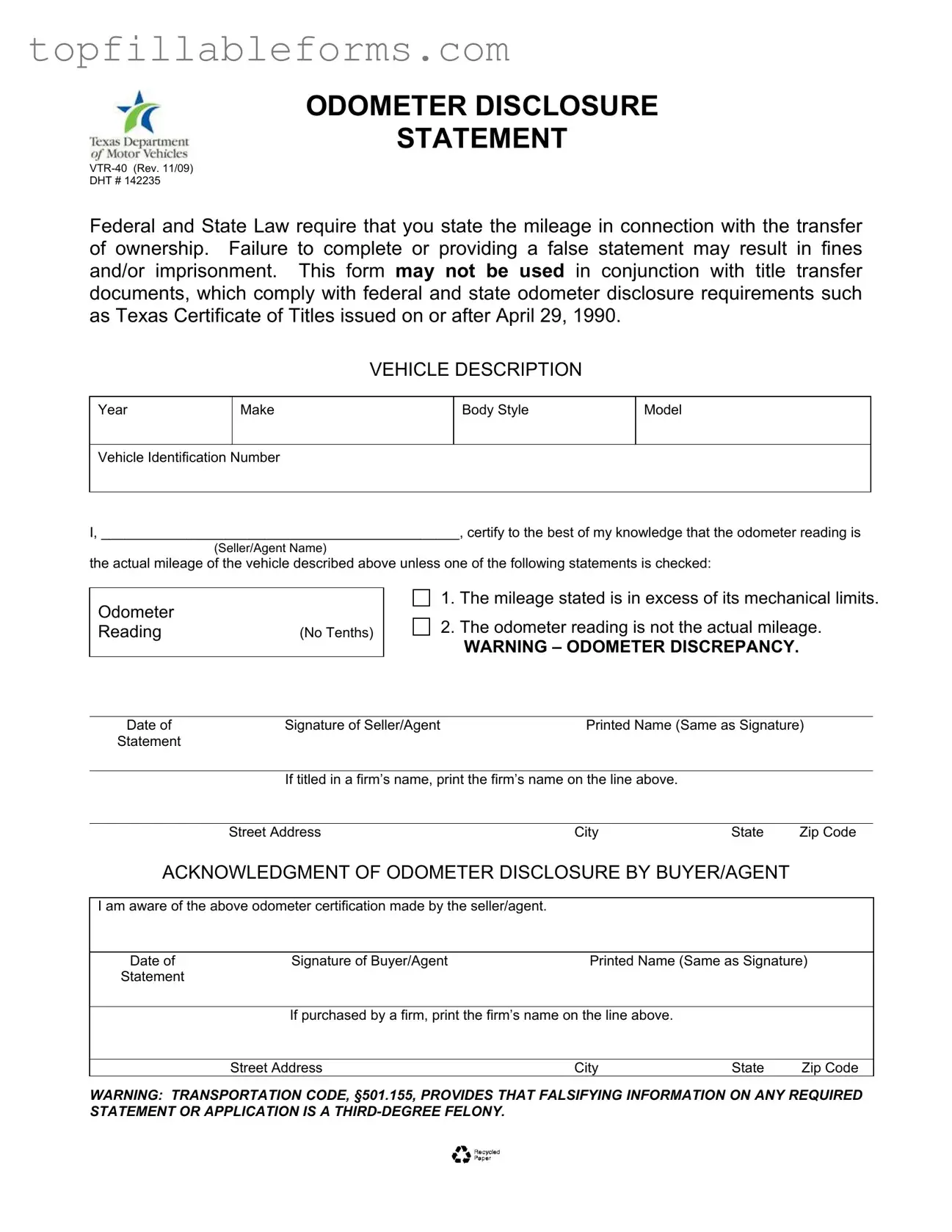 Printable Texas Odometer Statement Form in PDF