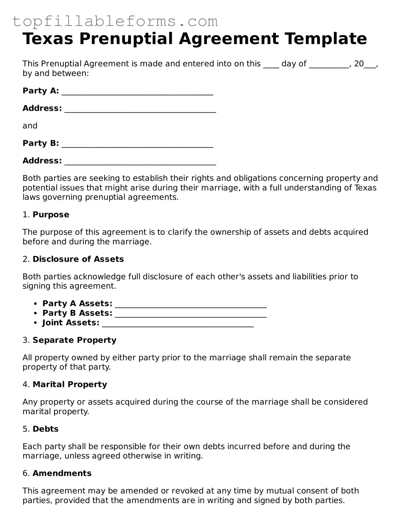 Attorney-Verified  Prenuptial Agreement Template for Texas