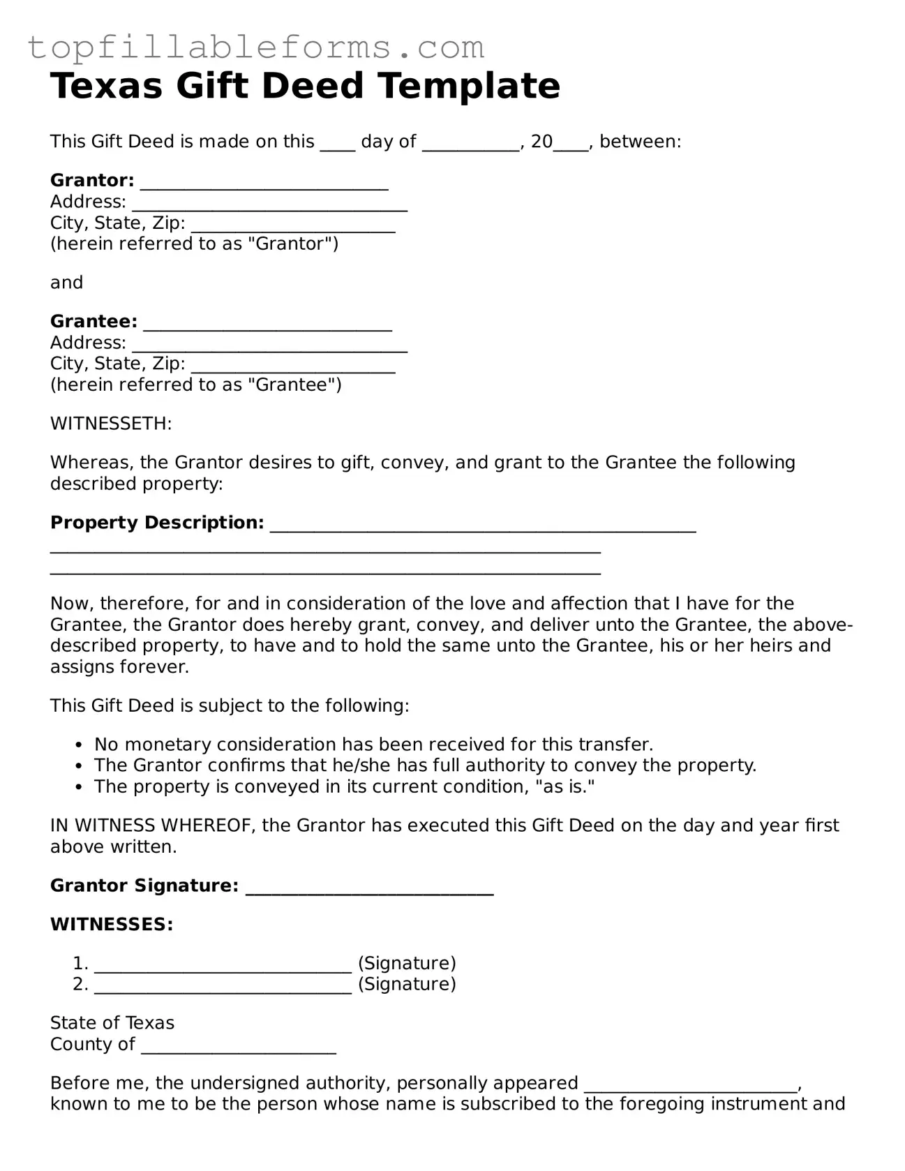 Attorney-Verified  Gift Deed Template for Texas