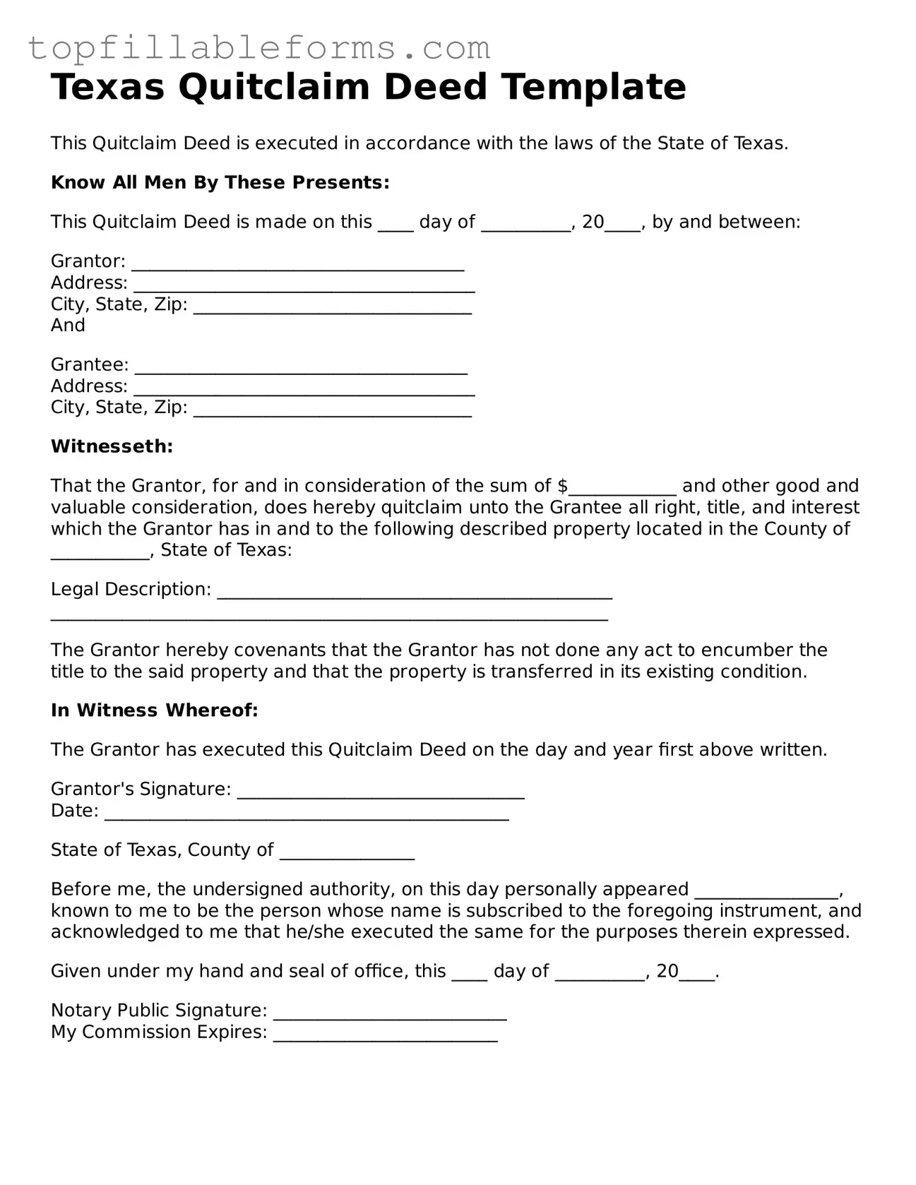 Attorney-Verified  Quitclaim Deed Template for Texas