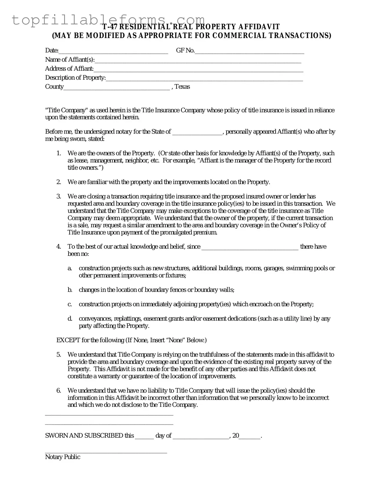 Printable Texas residential property affidavit T-47 Form in PDF