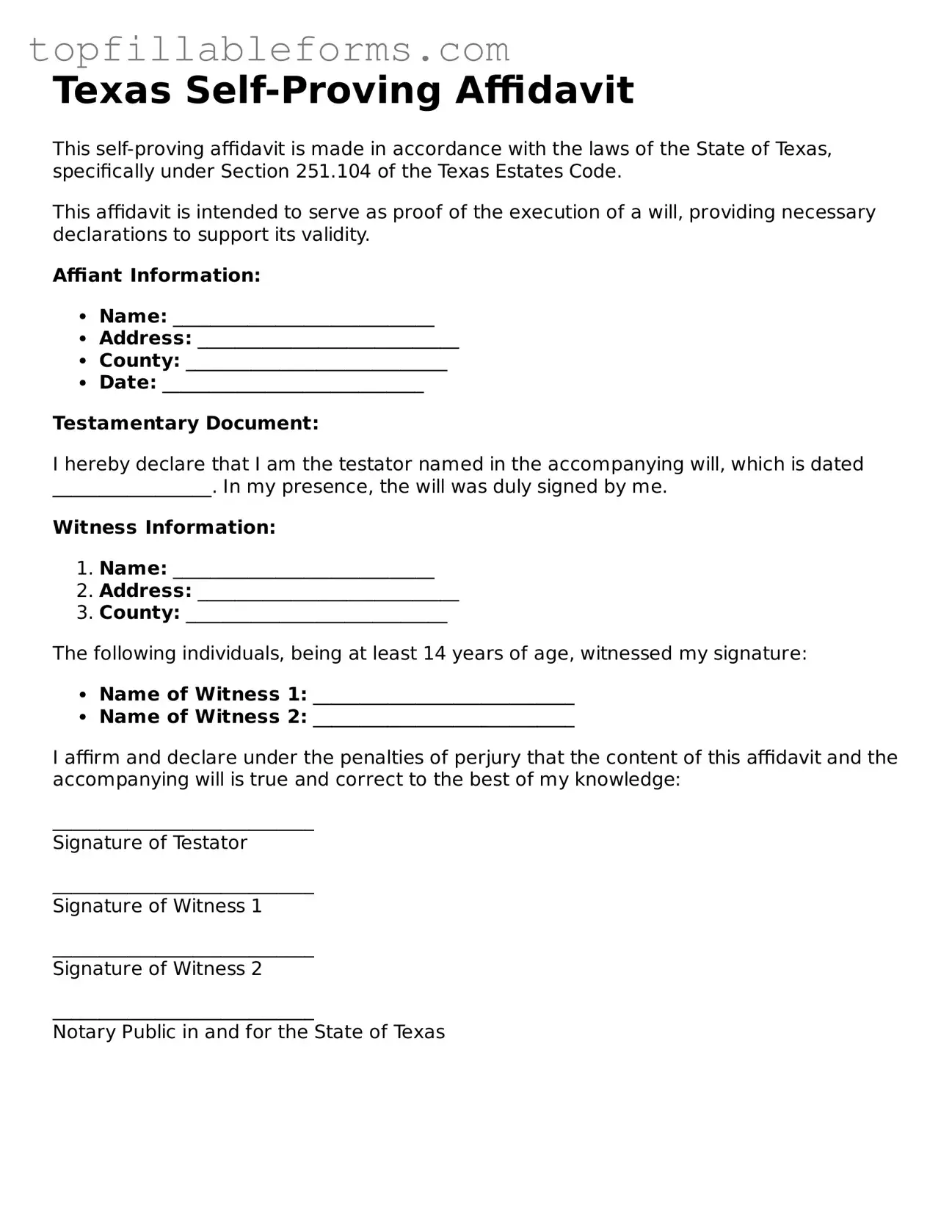 Attorney-Verified  Self-Proving Affidavit Template for Texas