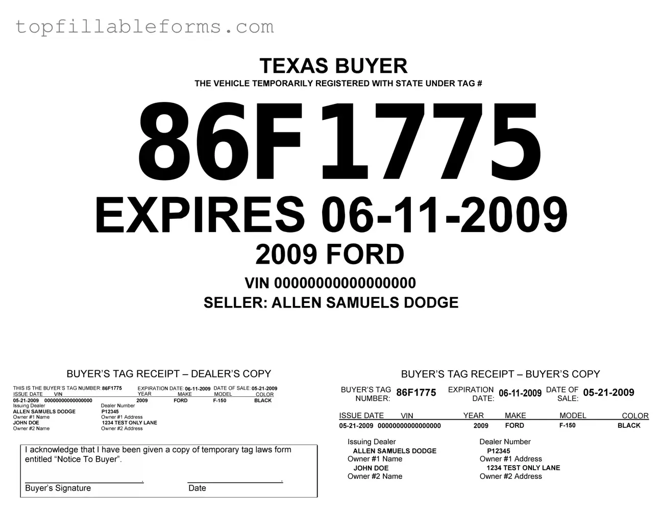 Printable Texas Temporary Tag Form in PDF