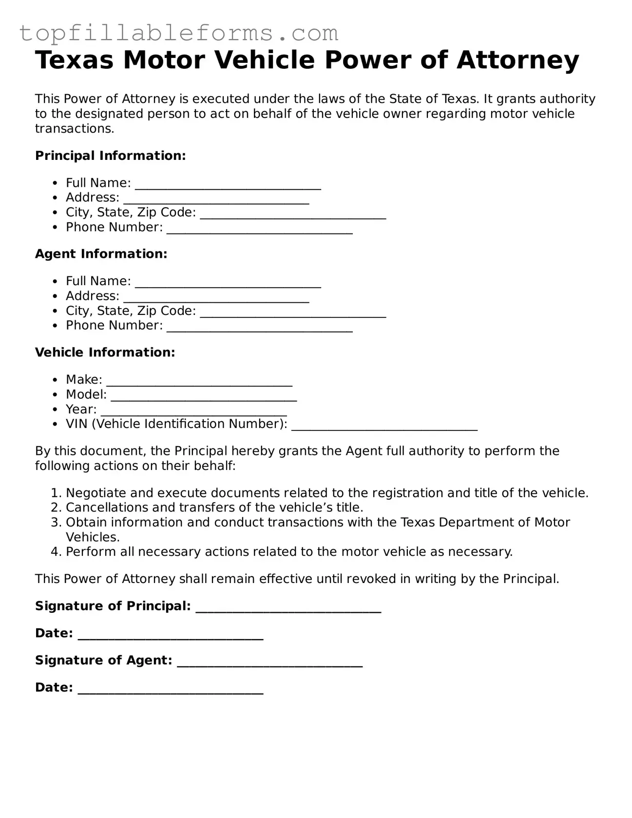 Attorney-Verified  Motor Vehicle Power of Attorney Template for Texas